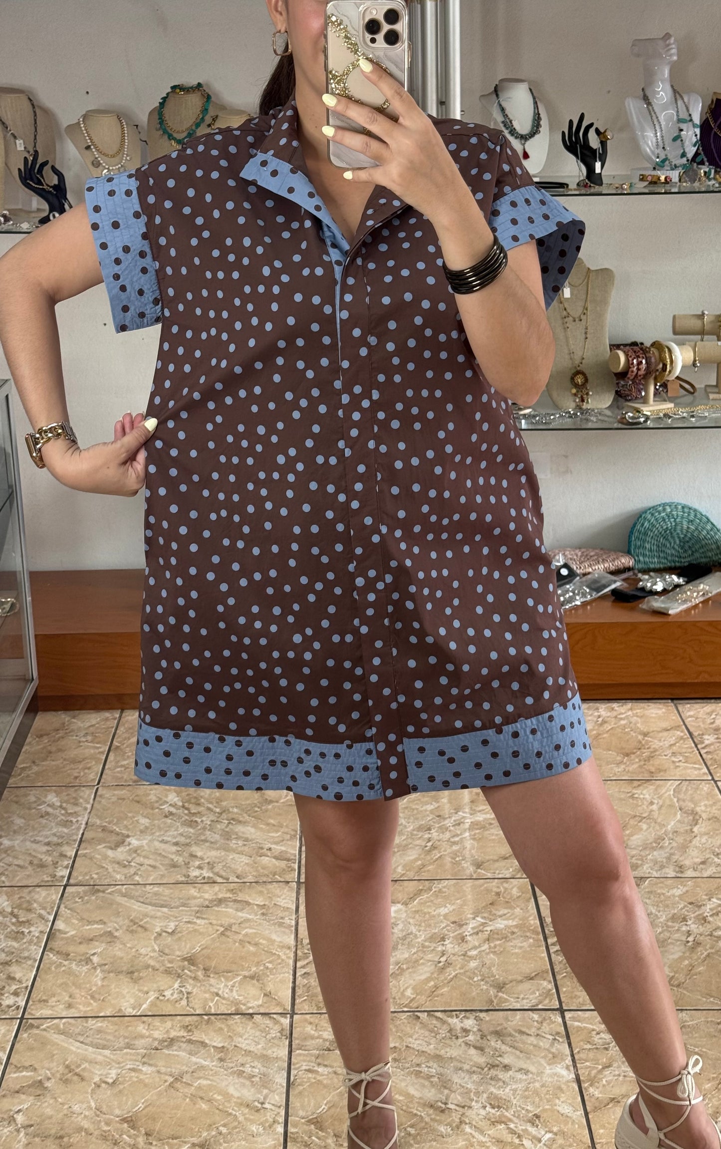 Brown/Blue Polkadots Mini Dress