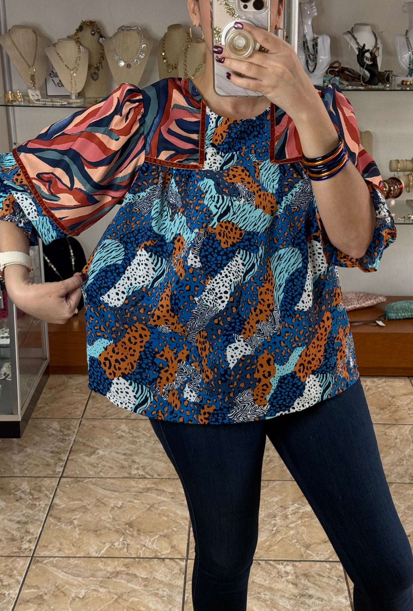 Leopard Blue Mix Top