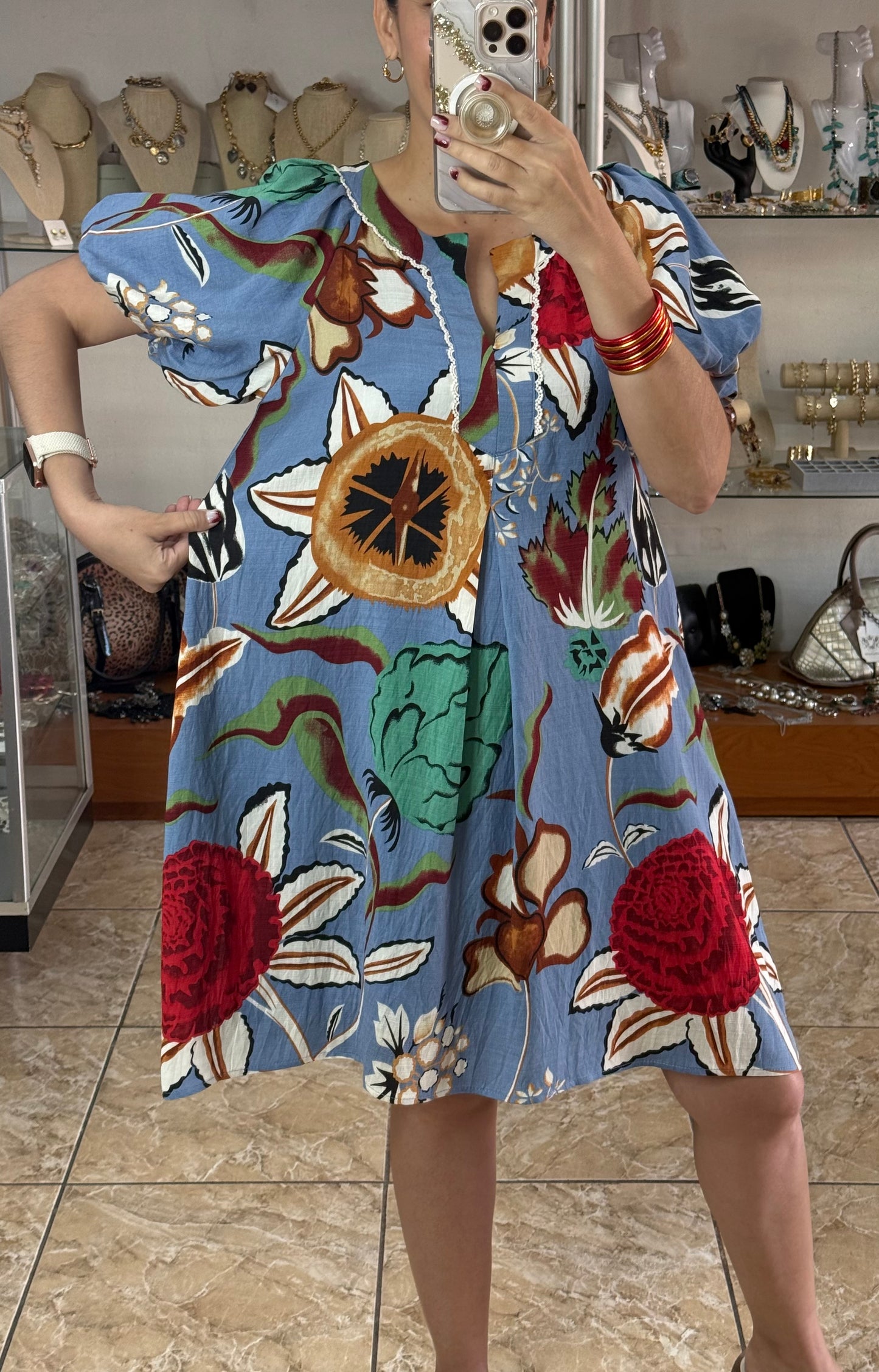 Blue Floral Puff Sleeves Dress