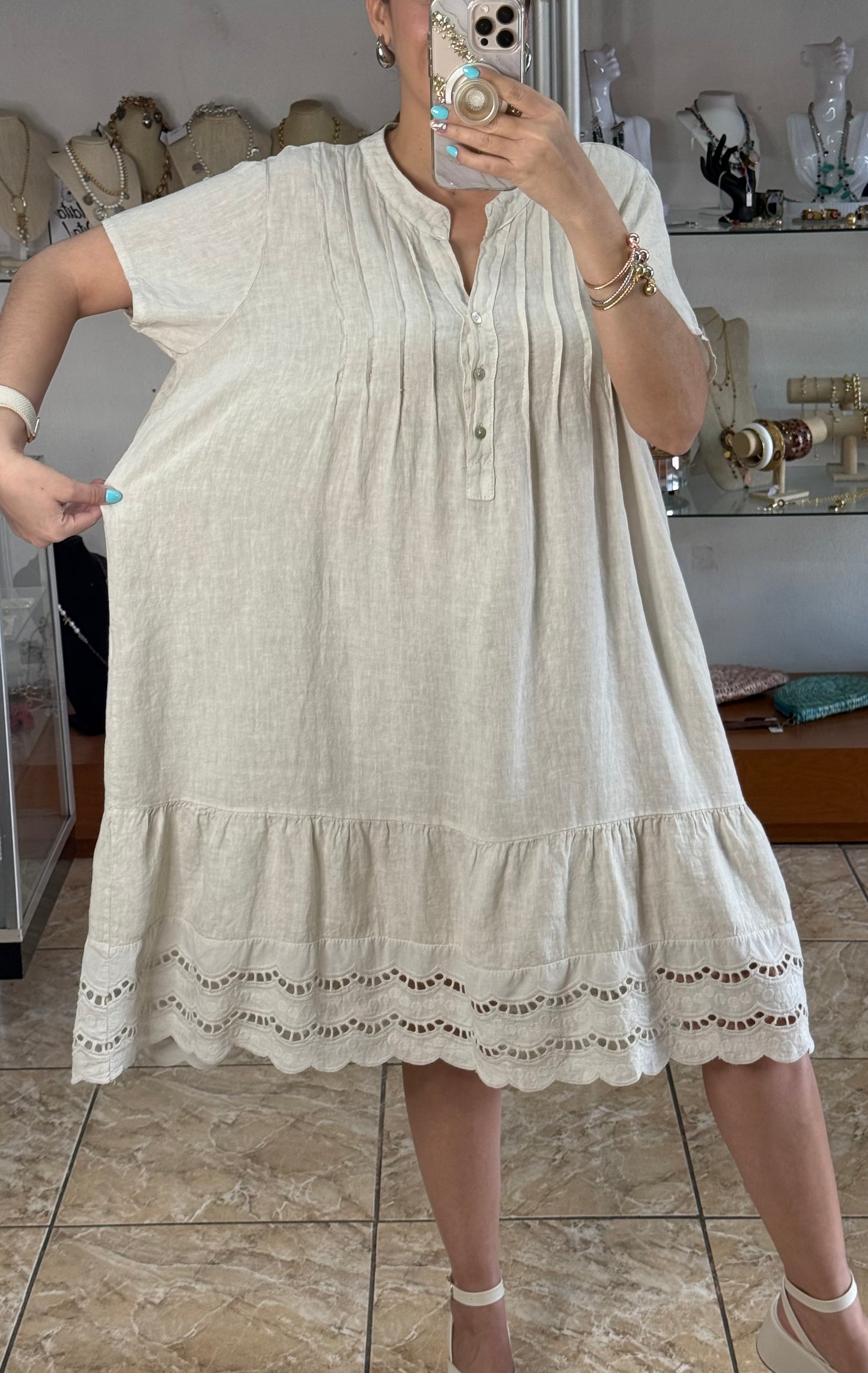 Eyelet Trim OS Linen Midi Dress (FINAL SALE)