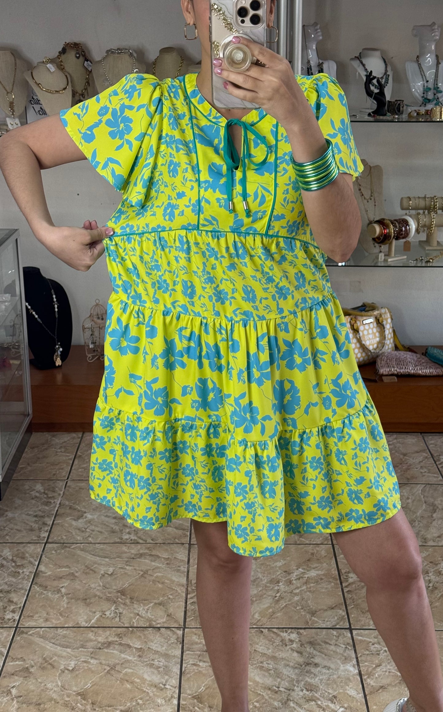 Lime Mix Flutter Sleeves Dress