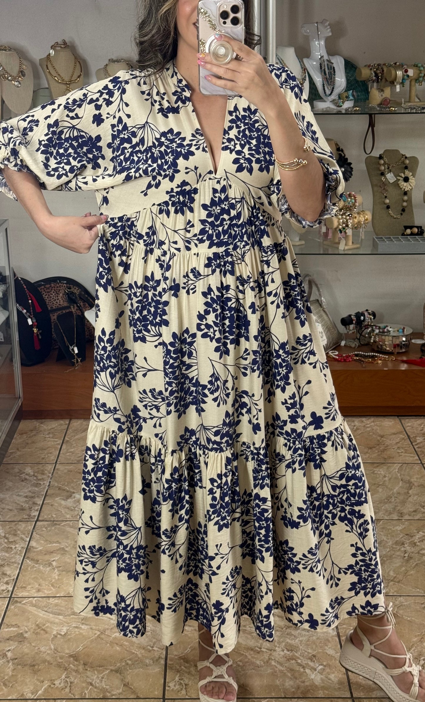 Cream/Navy Floral Maxi Dress