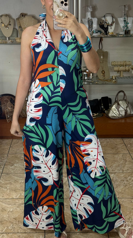 Navy Mix Leaves Jumpsuit (Open Back)