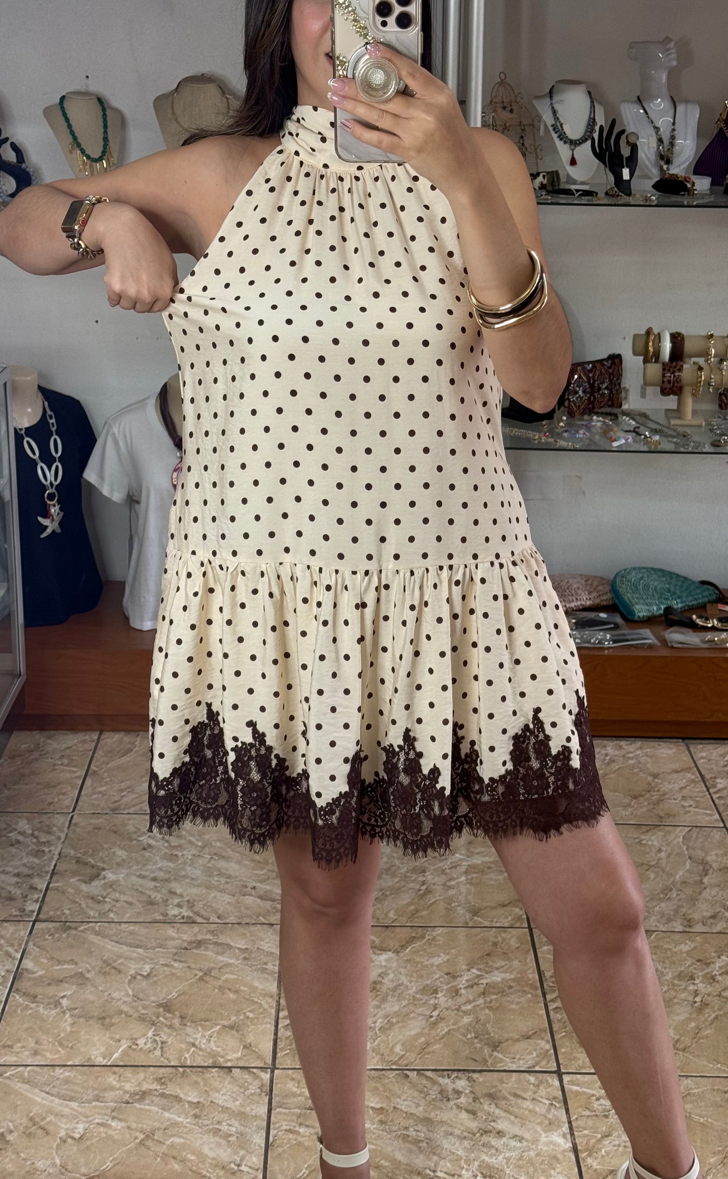 Ecru/Brown Polkadot Halter Mini Dress