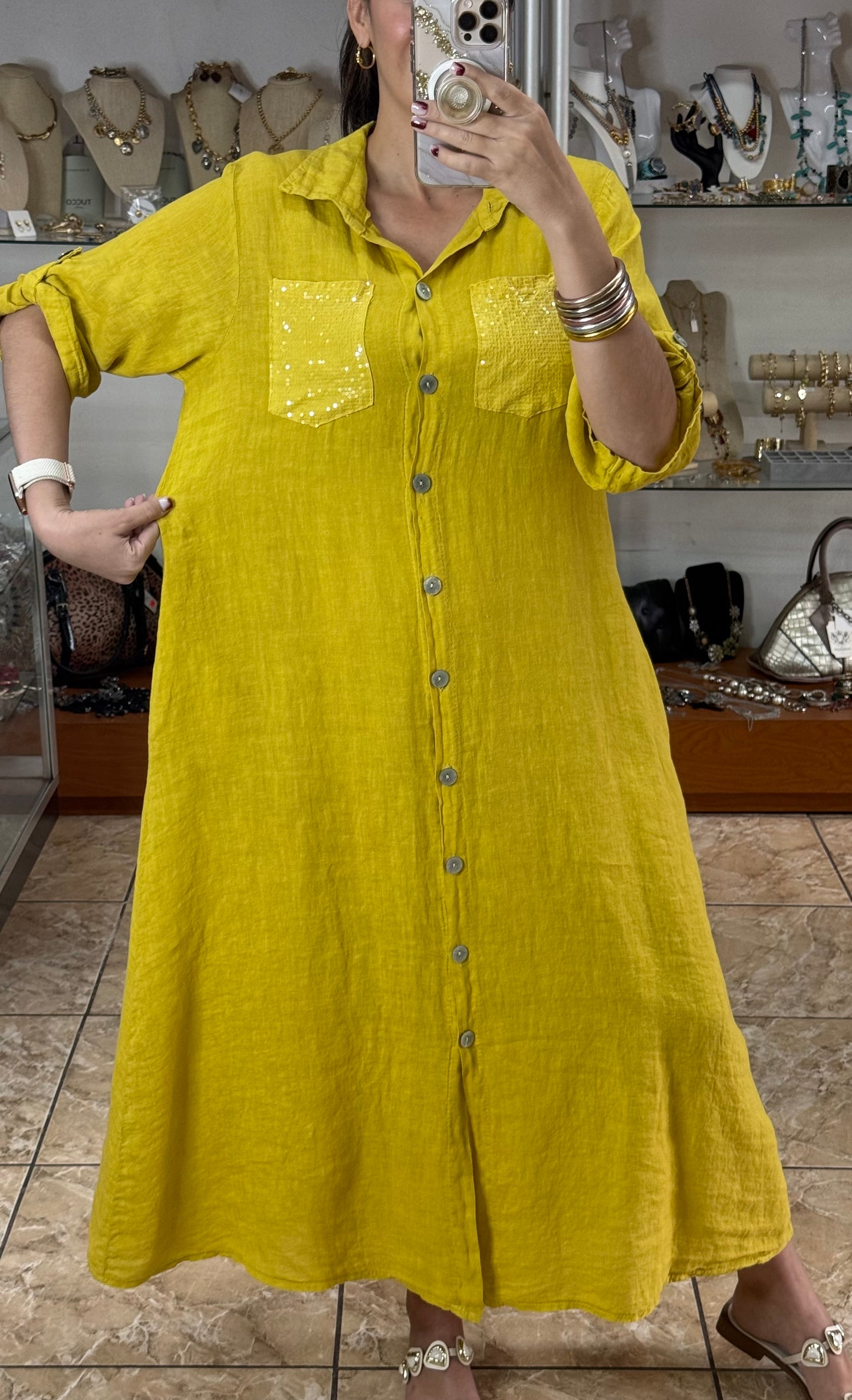 OS Button Down Sequins Pockets Linen Dress (FINAL SALE)