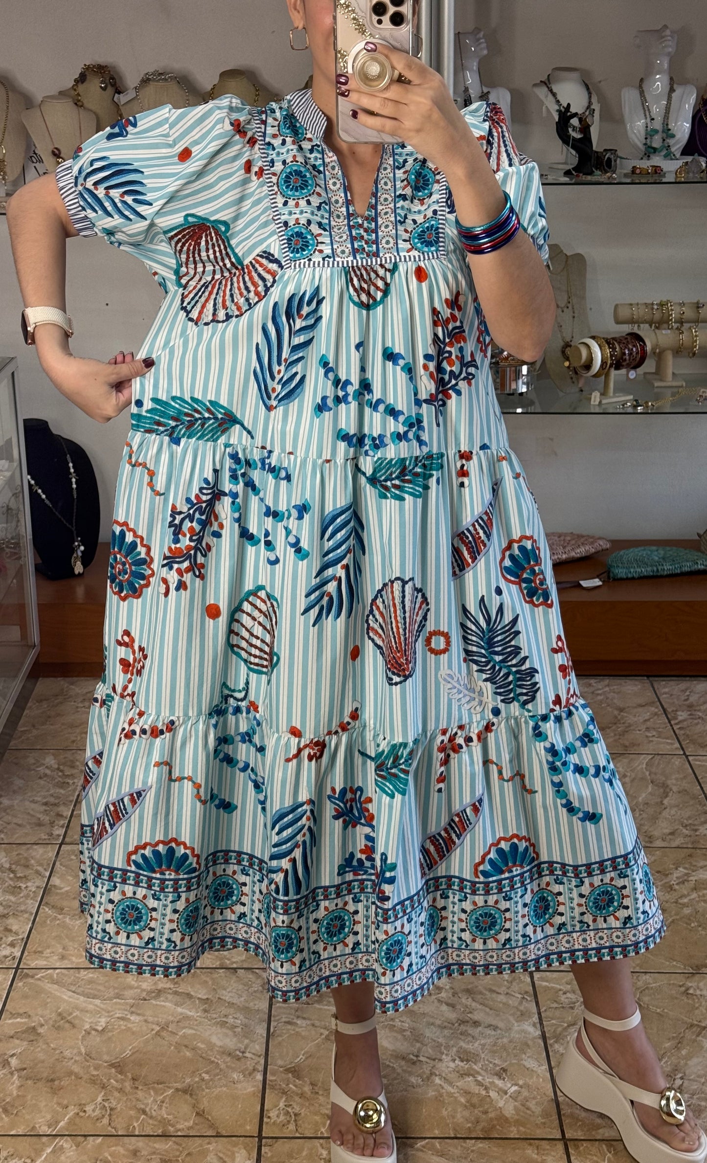 Blue Stripes and Shells Midi Dress