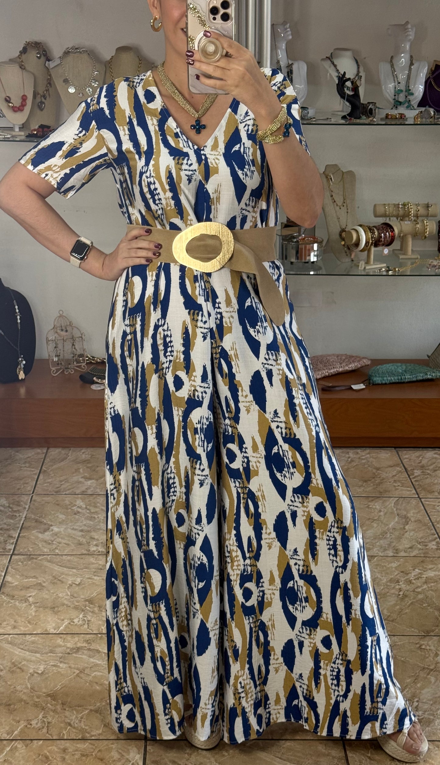 Blue Mix Short Sleeves Boho Jumpsuit