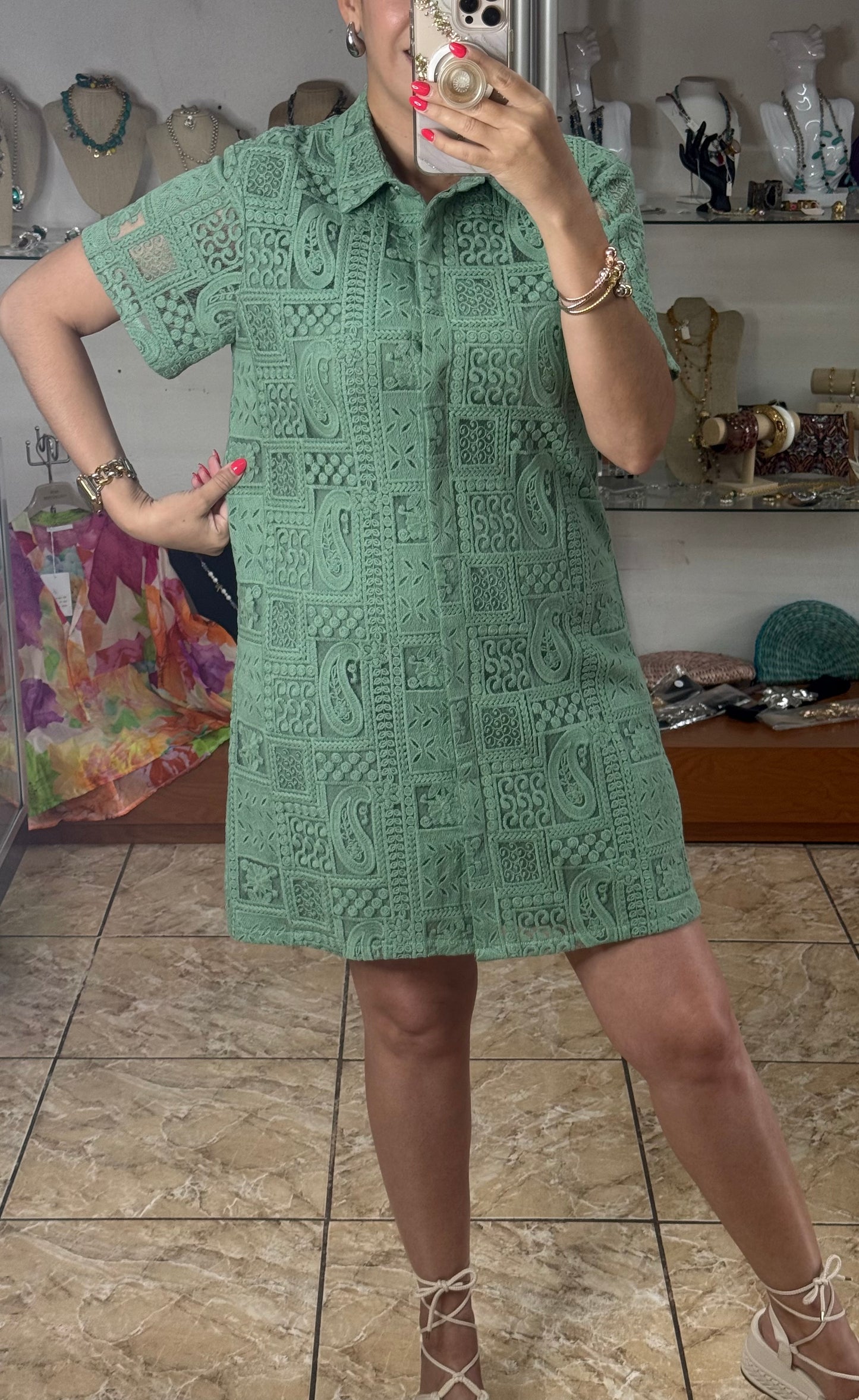 Sage Lace Button Down Dress