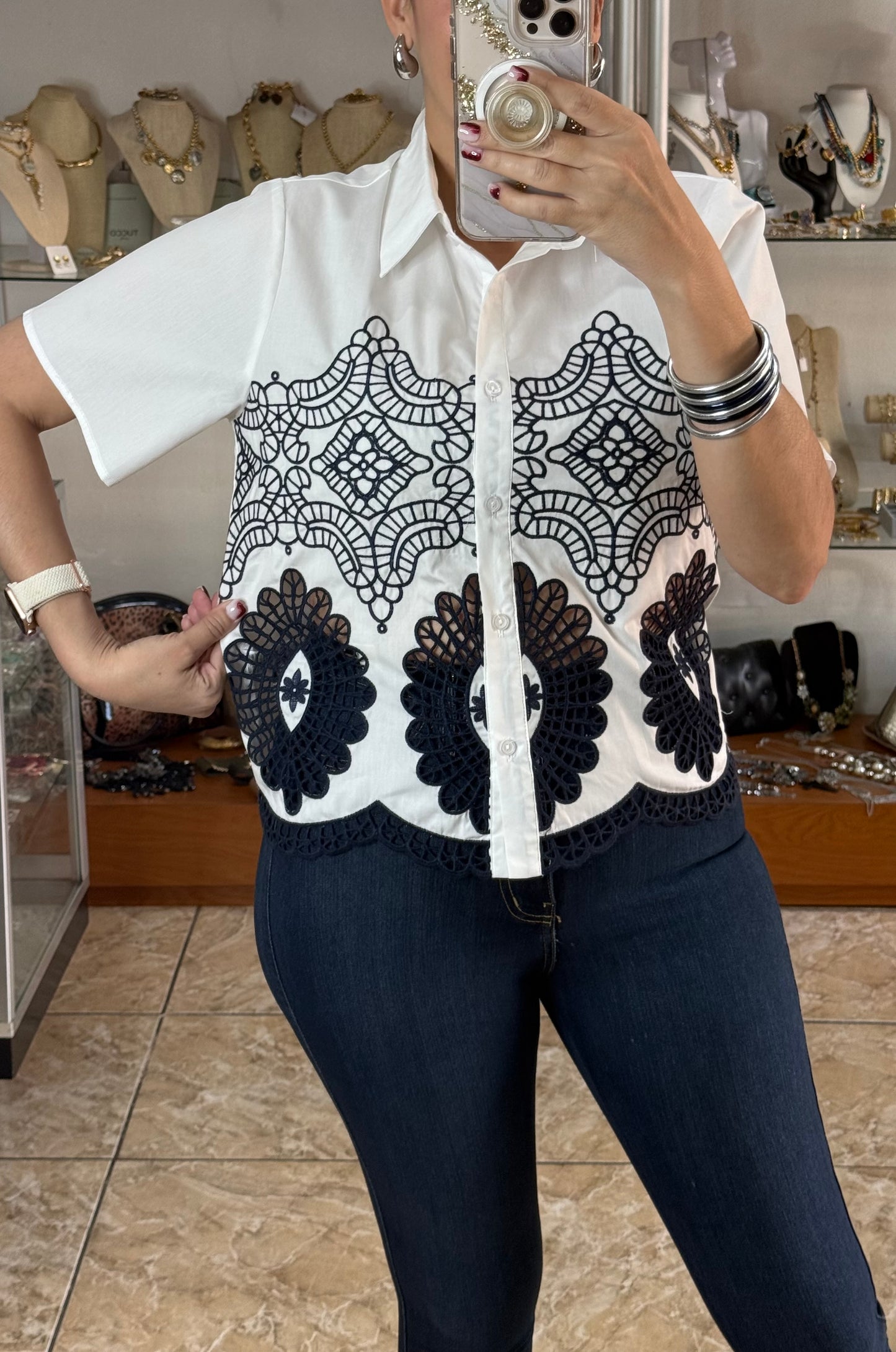 White/Navy Button Down Top (FINAL SALE)