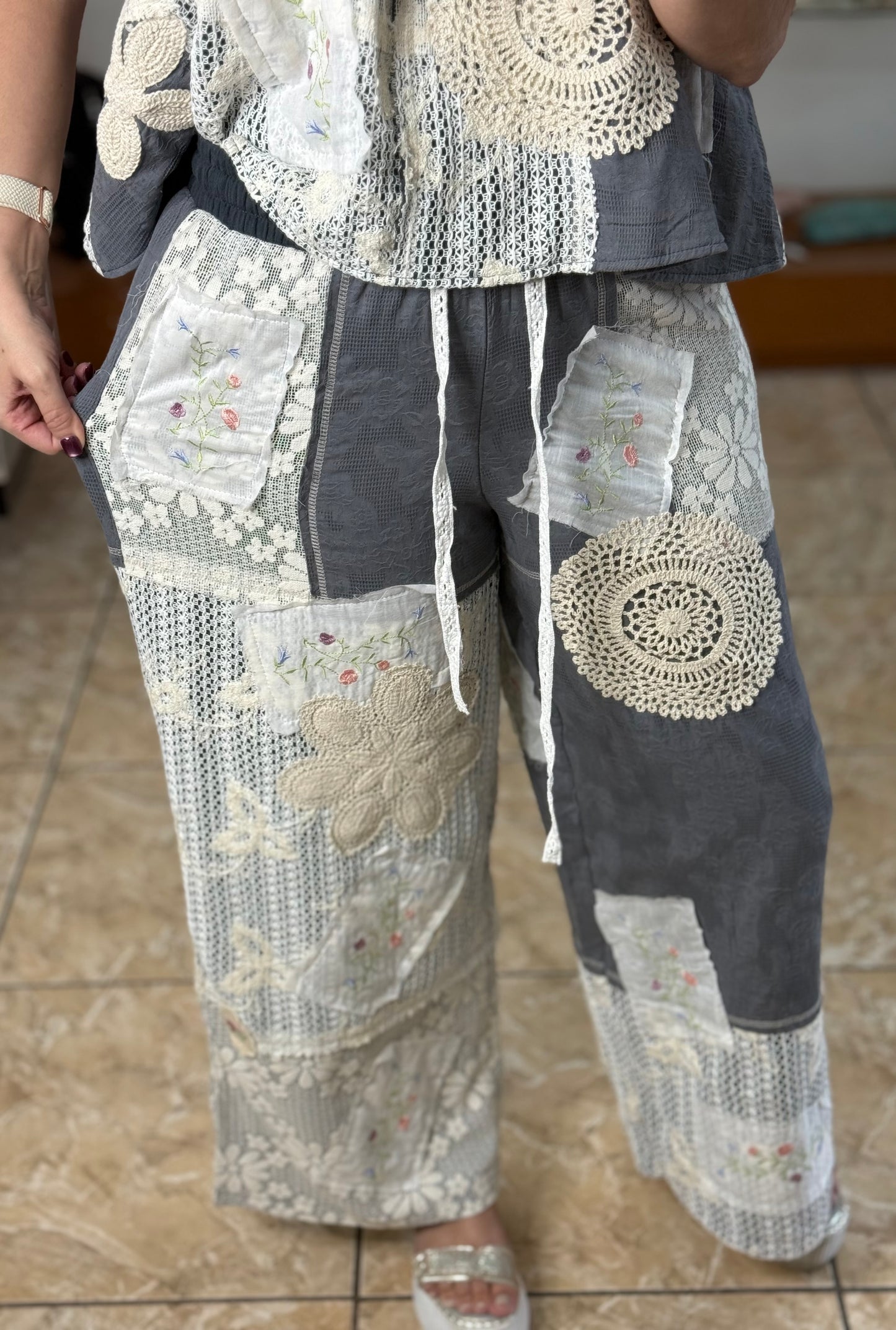 Charcoal Grey Crochet Details Pant Set (FINAL SALE)