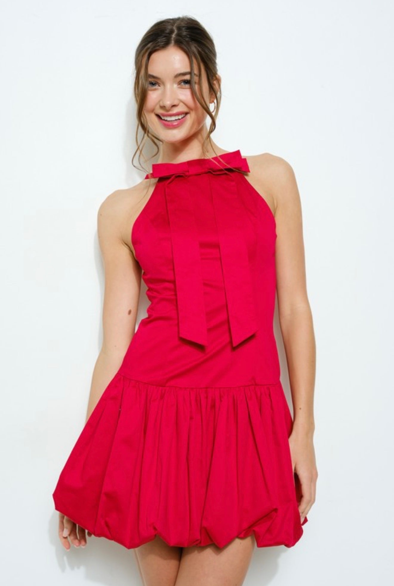 Bow Neck Bubble Hem Mini Dress
