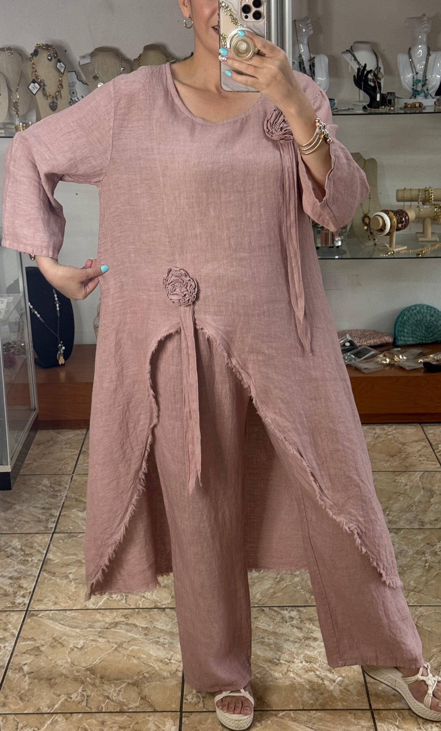 Dusty Rose OS Asymmetrical Top and Pant Linen Set (NO RETURNS OR EXCHANGE)