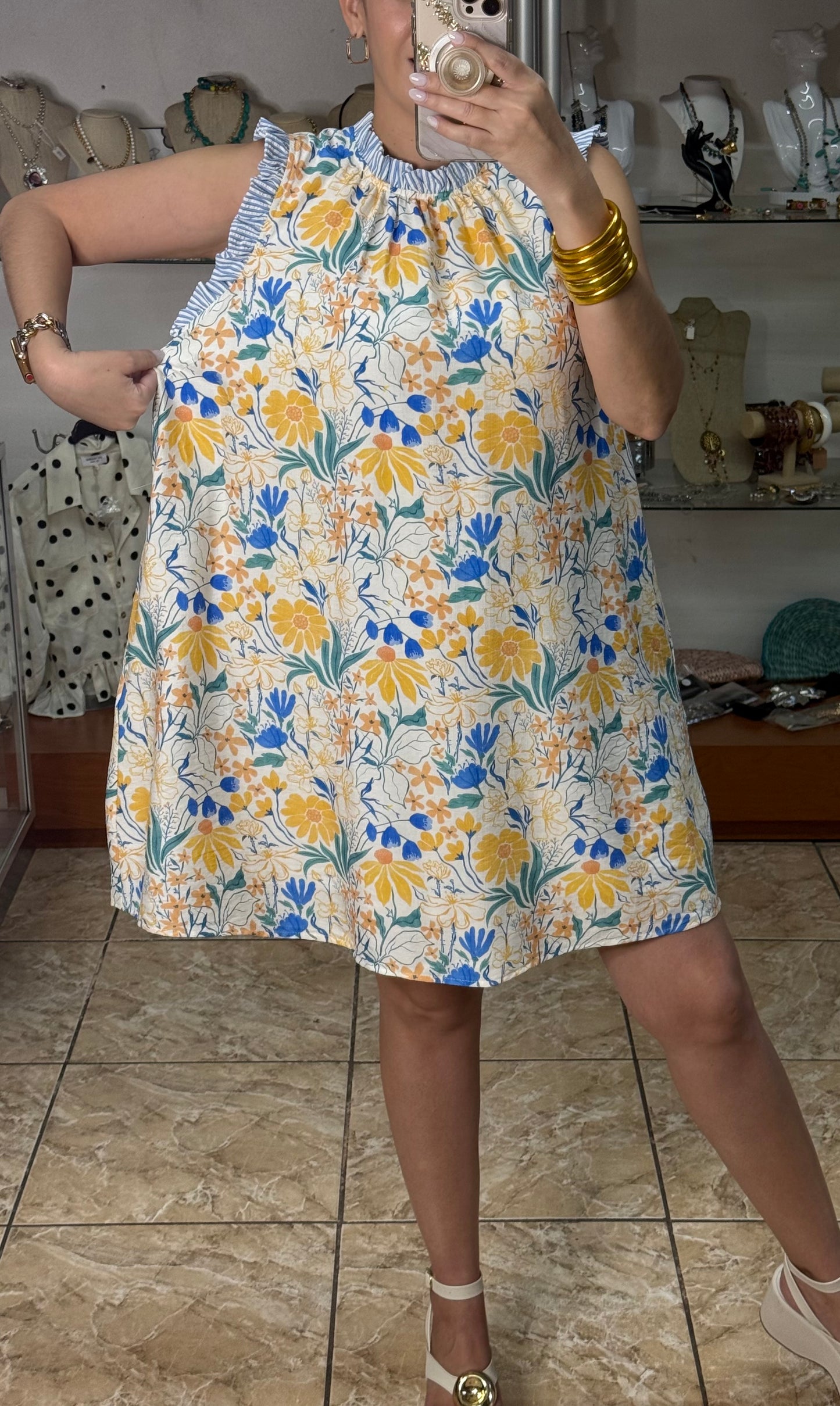 Blue/Yellow Floral Sleeveless Dress