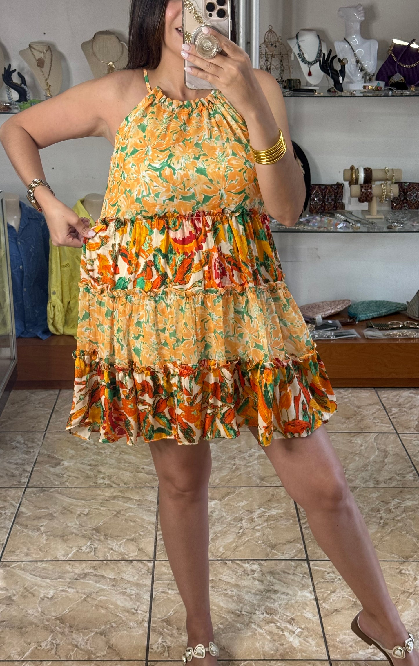 Orange Halter Floral Mini Dress