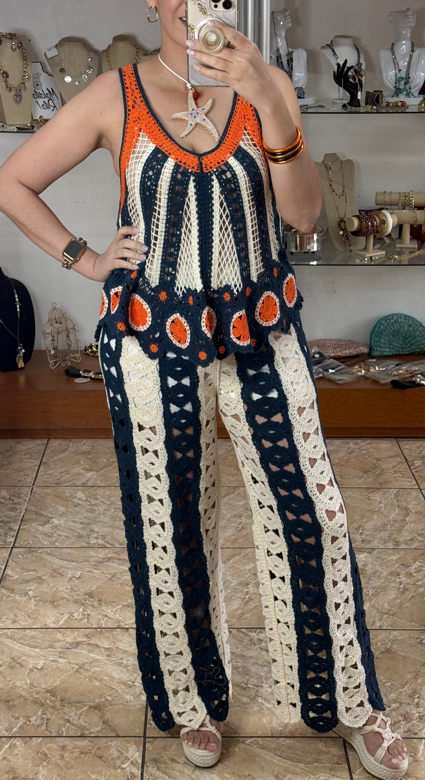 Navy/Orange Mix Crochet OS Top (NO RETURNS OR EXCHANGE) (PANT SOLD SEPARATELY)