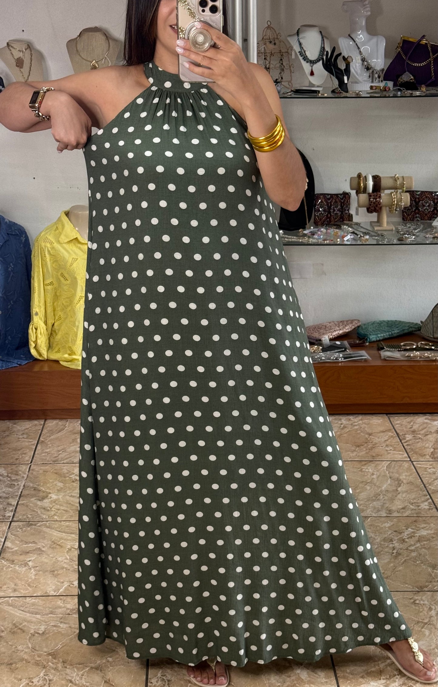 Olive Polkadots Halter Maxi Dress
