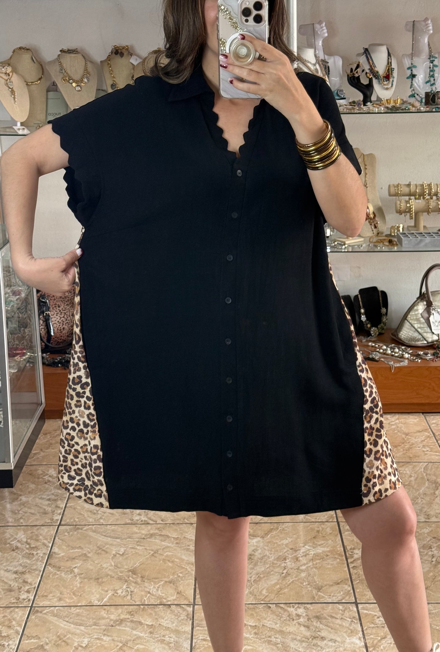 Black/Leopard Button Down Dress