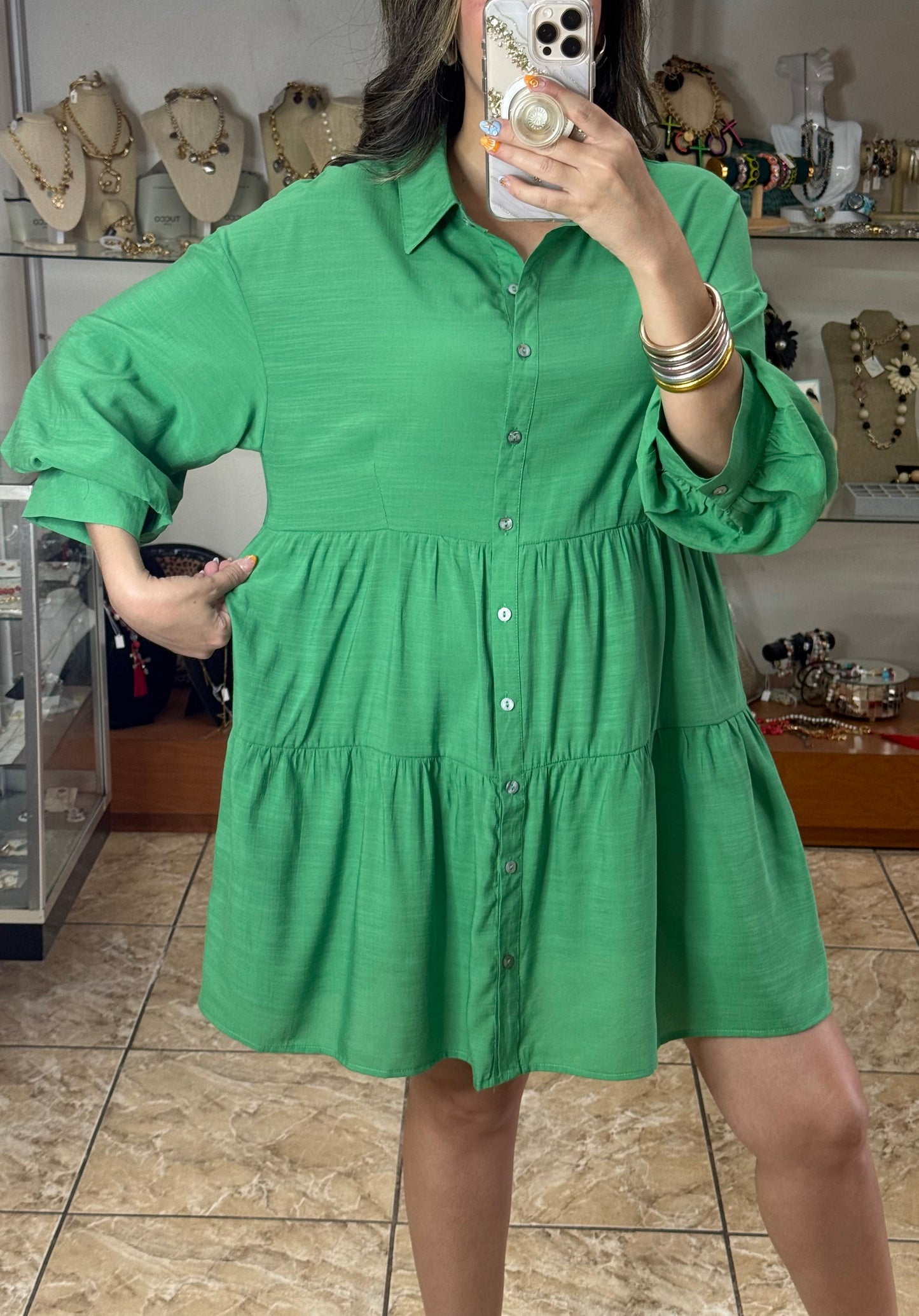 Long Sleeves Green Doll Dress