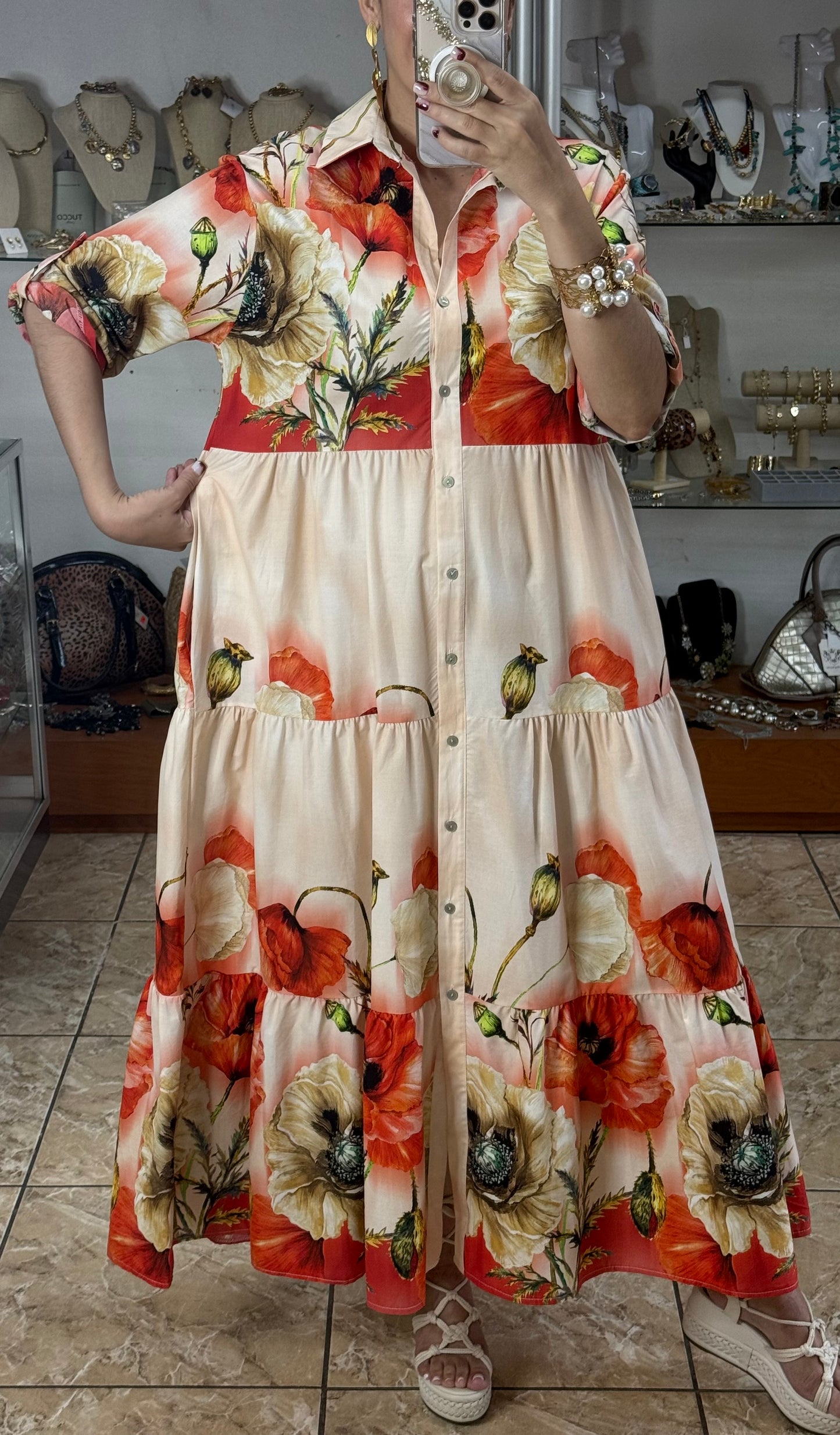 Peach/Orange Floral OS Maxi Dress (FINAL SALE)
