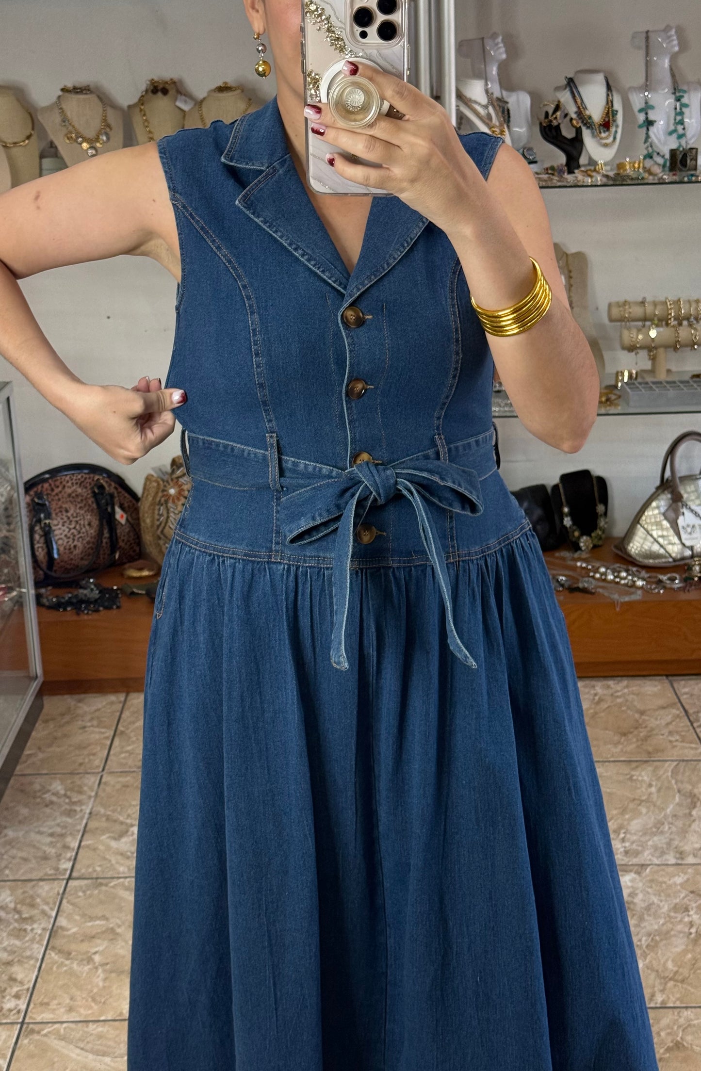Sleeveless Belted Denim Dress