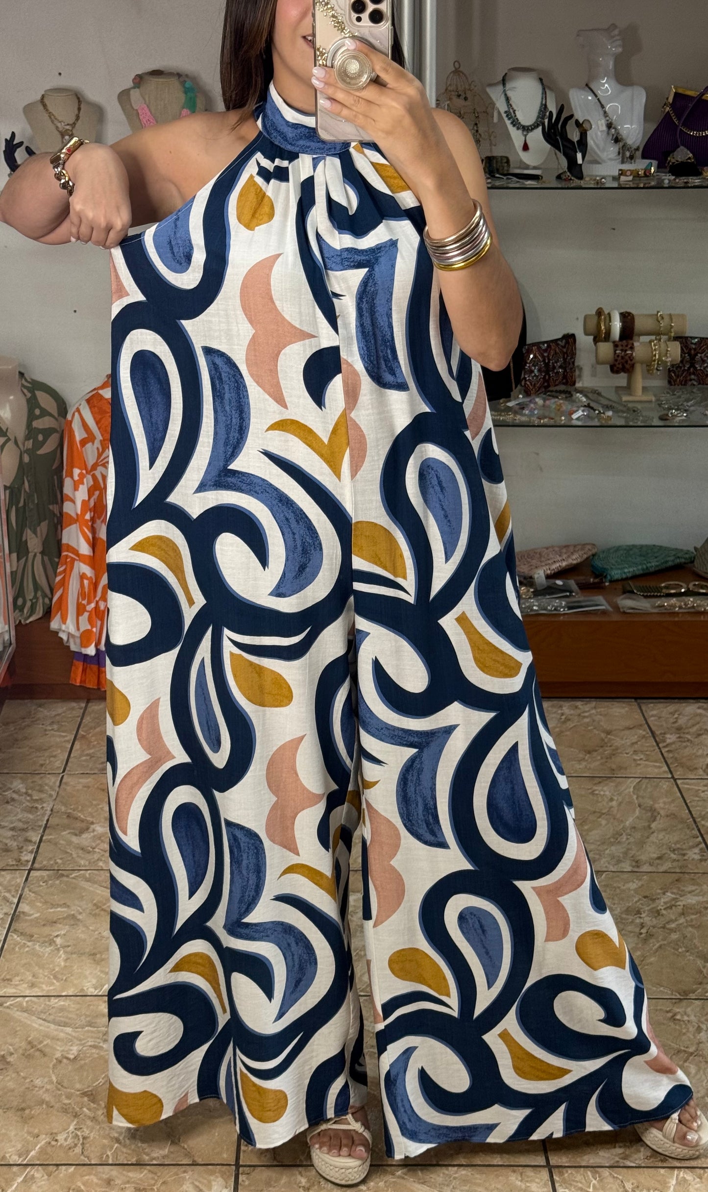 Blue Mix Halter Jumpsuit
