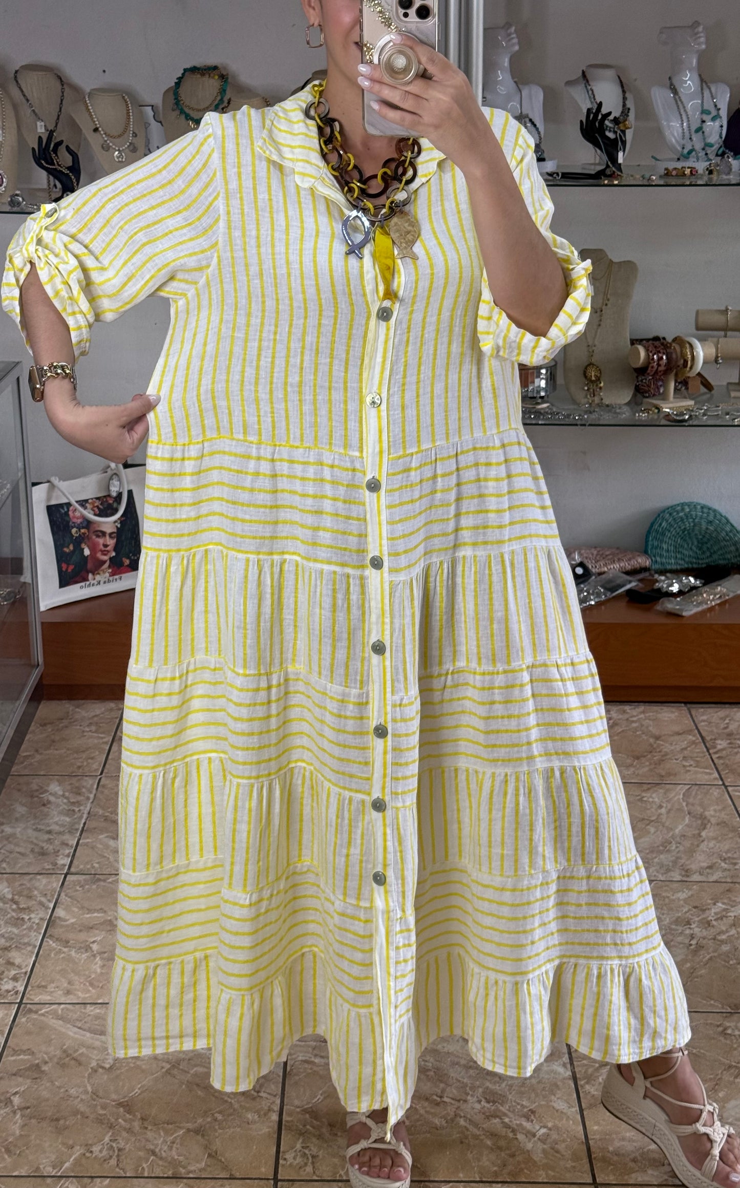 OS Linen Stripes Button Down Maxi Dress (NO RETURNS OR EXCHANGE)