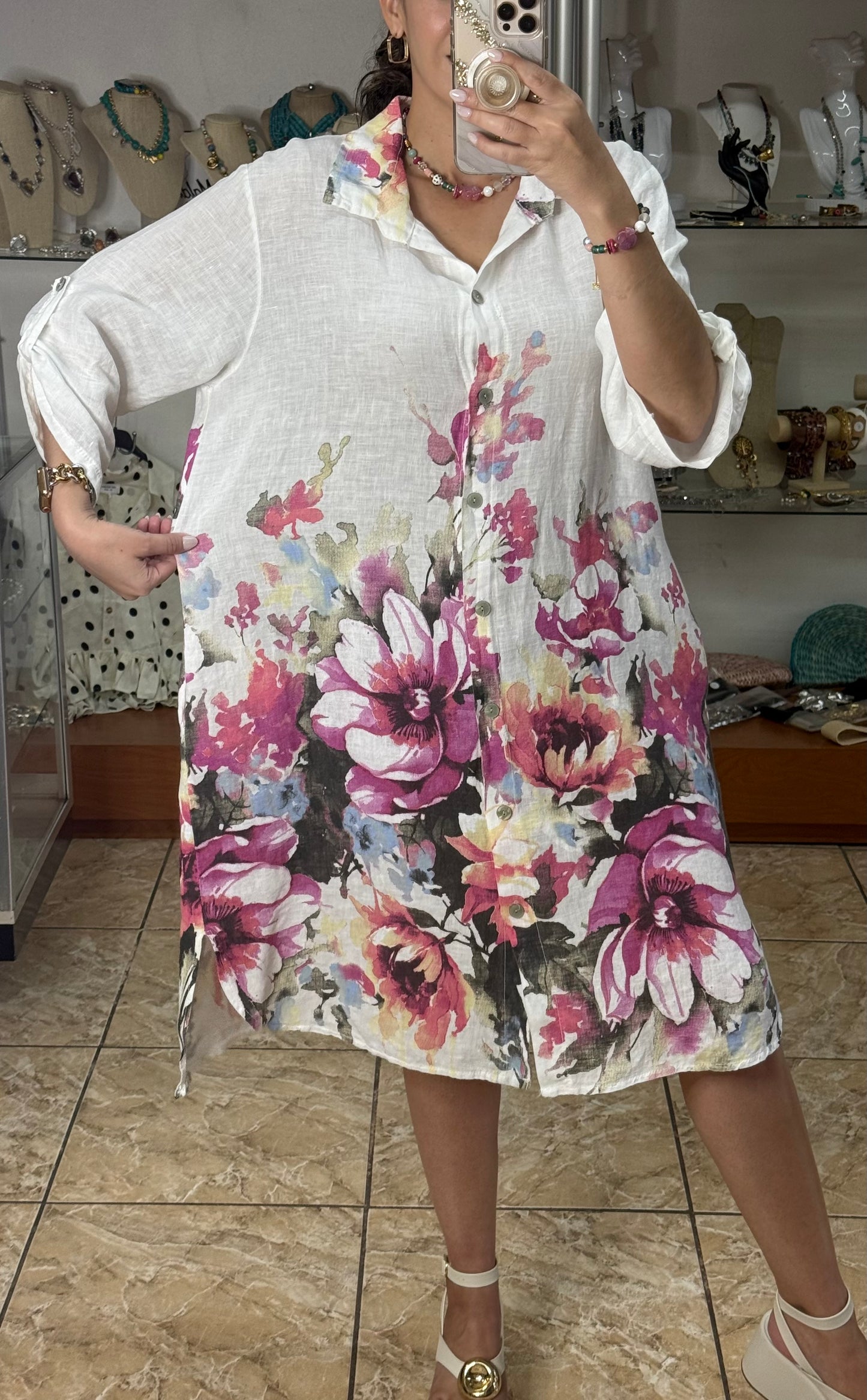 Pink Flowers OS Linen Dress (NO RETURNS OR EXCHANGE)