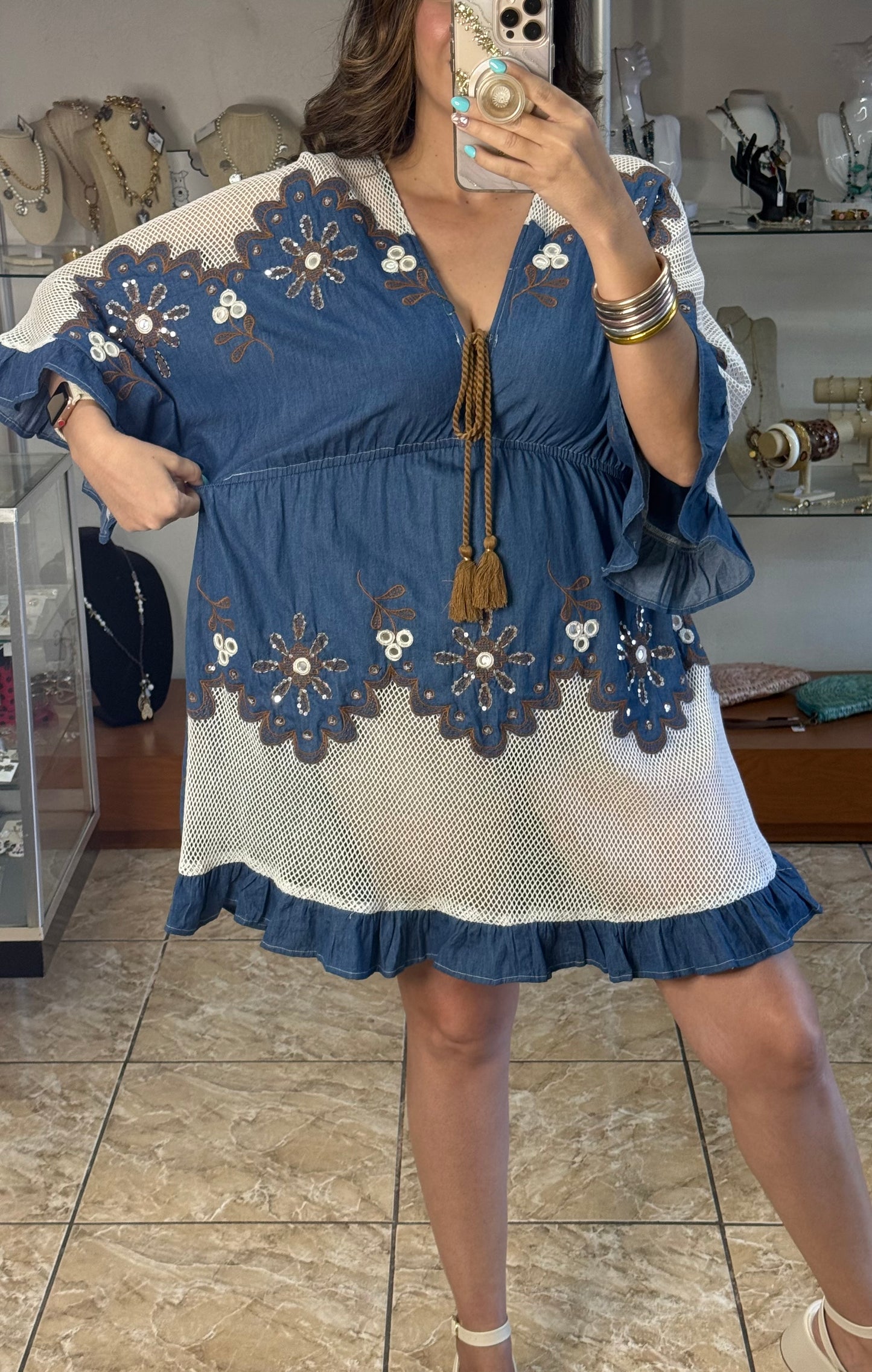 OS Floral Embroidered Boho Mini Dress (NO RETURNS OR EXCHANGE)