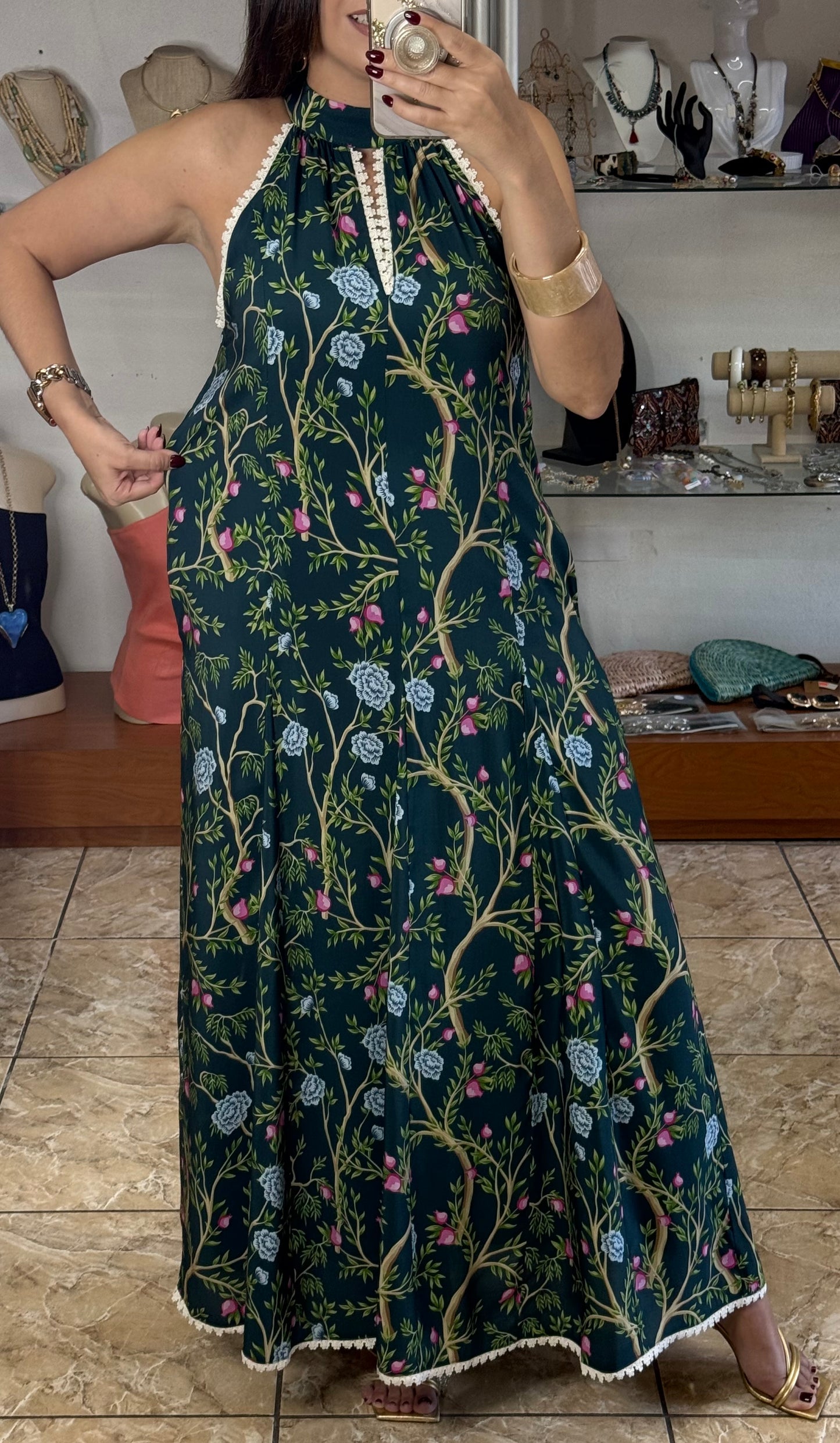 Halter Teal/Floral Maxi Dress