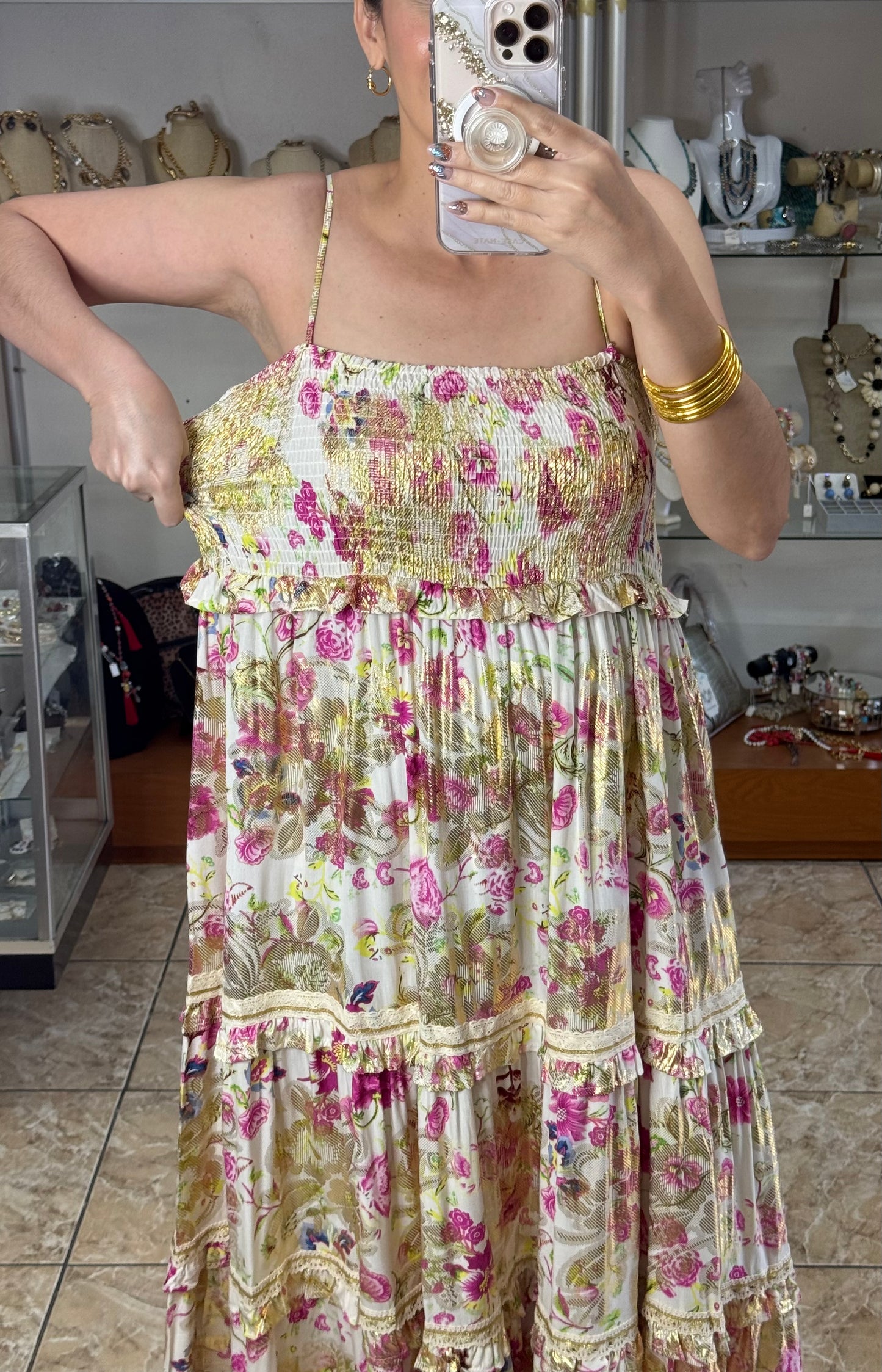 Pink Floral with Gold Details Maxi Dress (FINAL SALE)