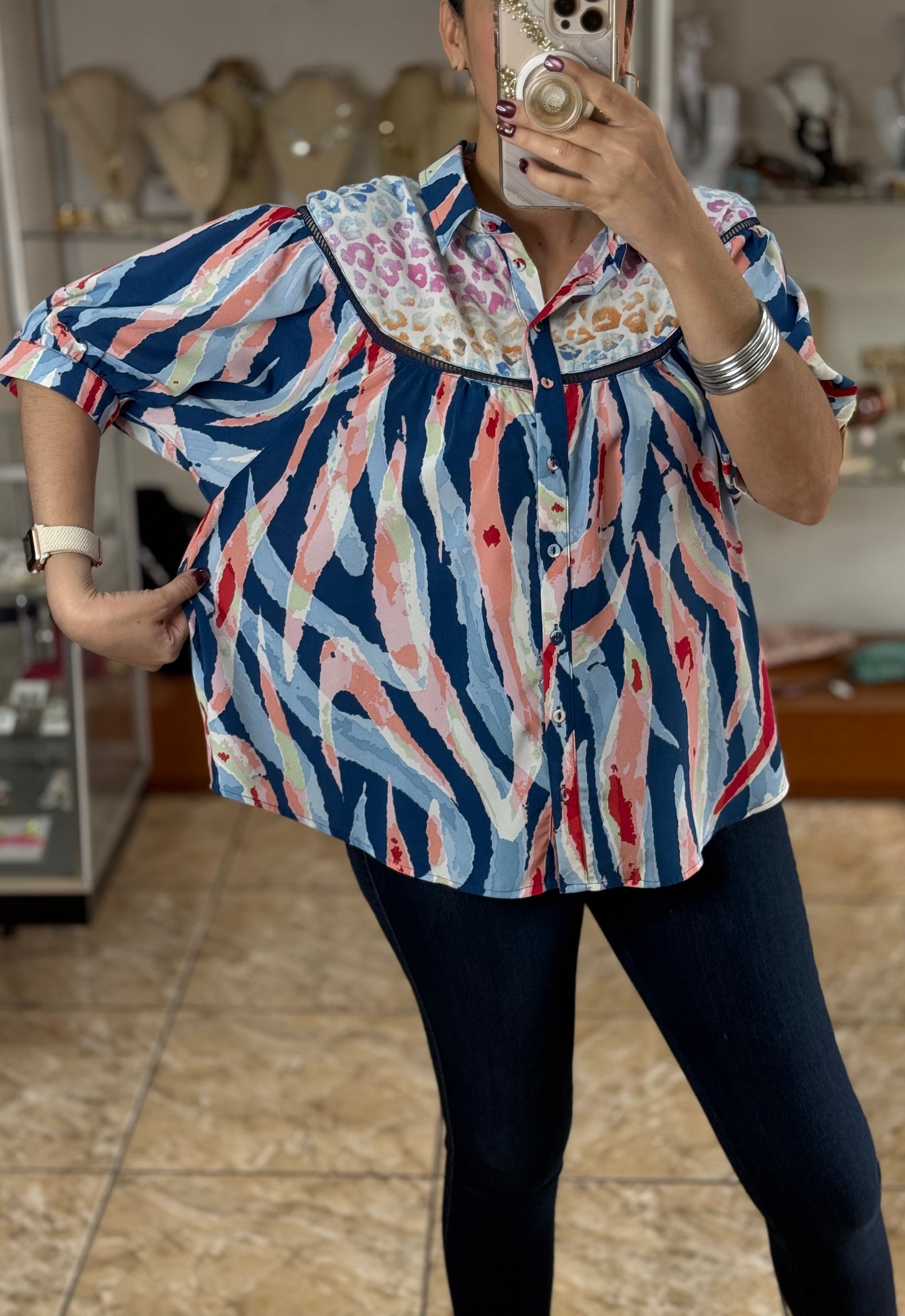 Blue Abstract Button Down Top