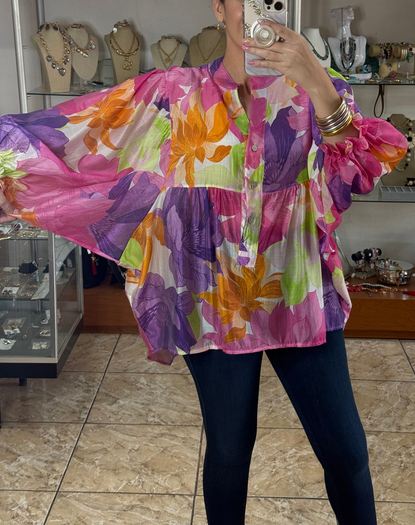 Purple/Pink Floral OS Tunic Top (FINAL SALE)