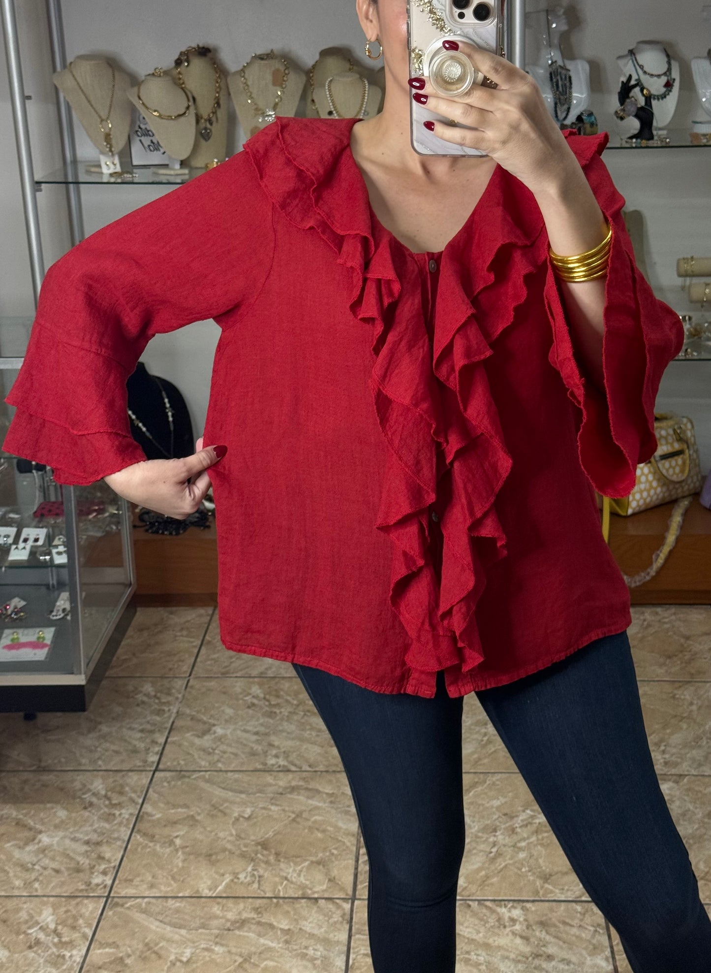 OS Long Sleeve Ruffled Linen Top (FINAL SALE)