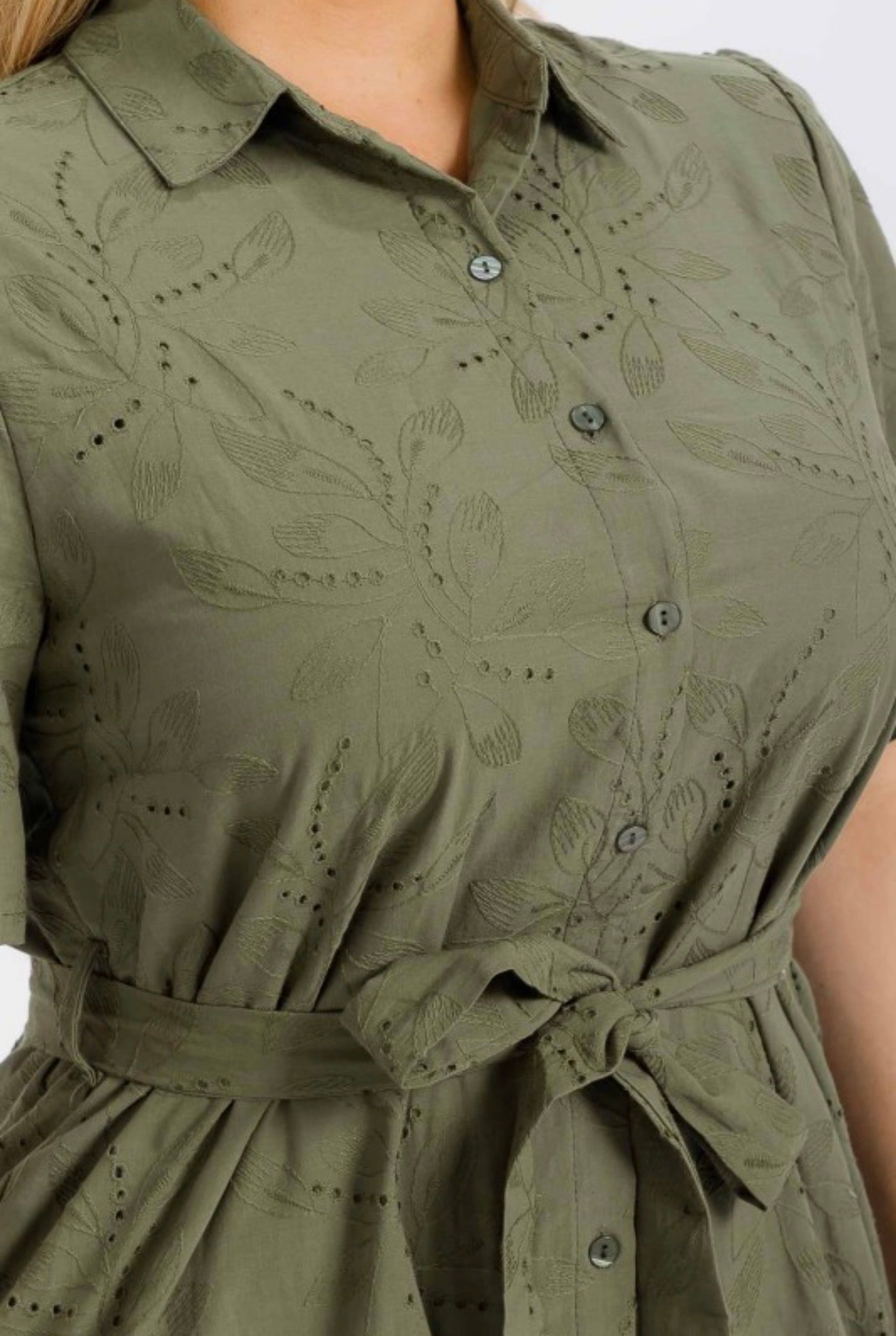 Olive Button Down Eyelet Midi Dress (PLUS)