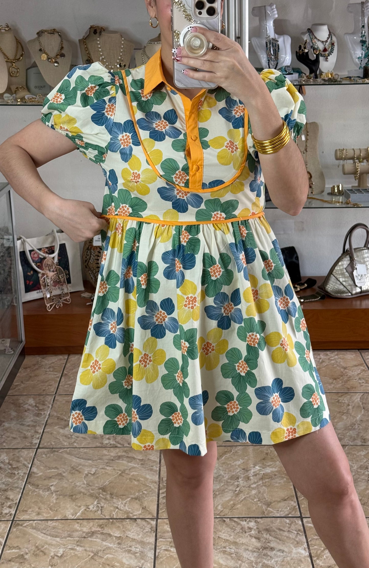 Floral Puff Sleeves Mini Dress