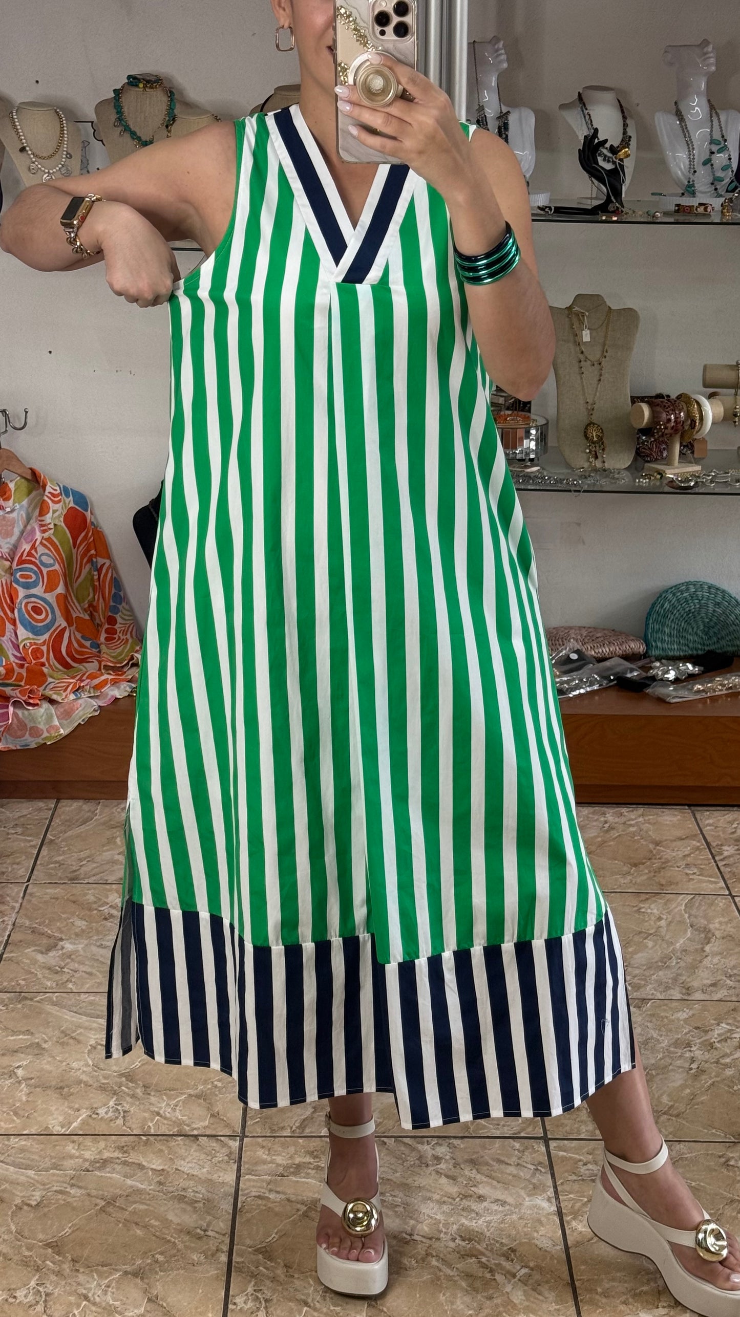 Green/Navy Stripes Midi Dress