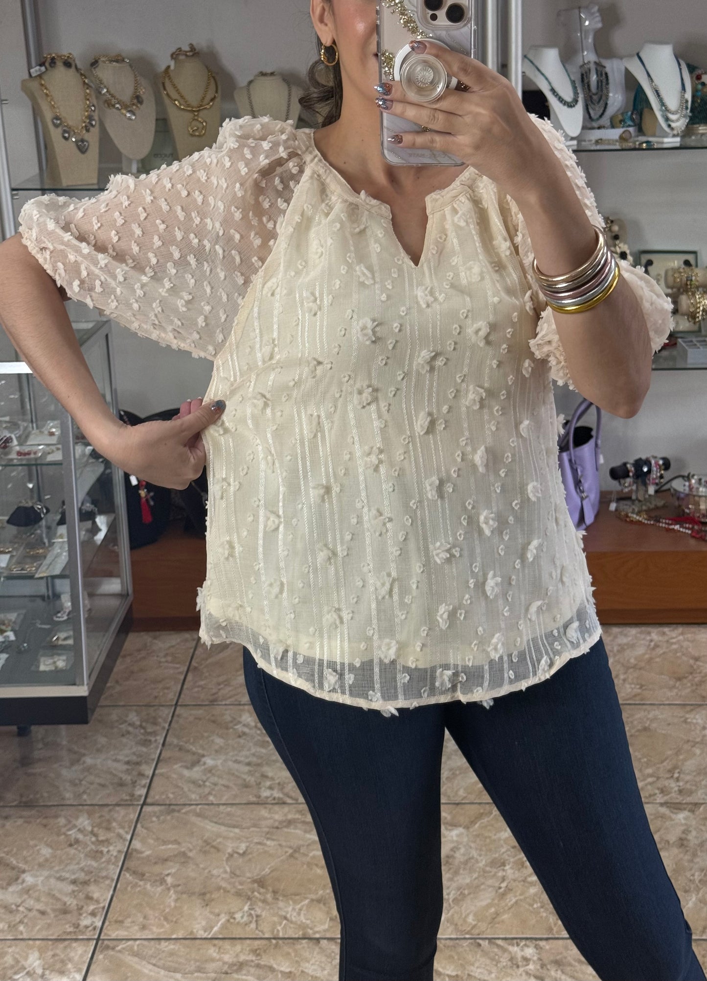 Floral Applique 3D Puffed Sleeve Top