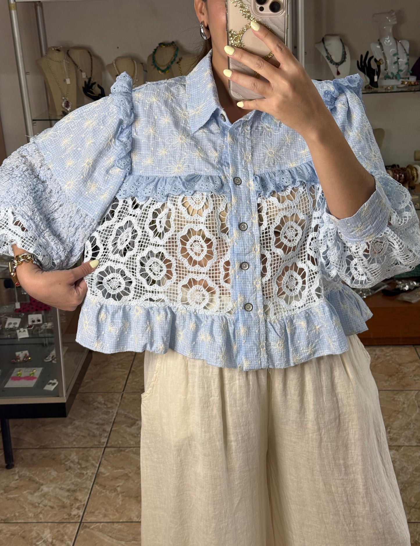 Baby Blue Embroidered Button Down Top