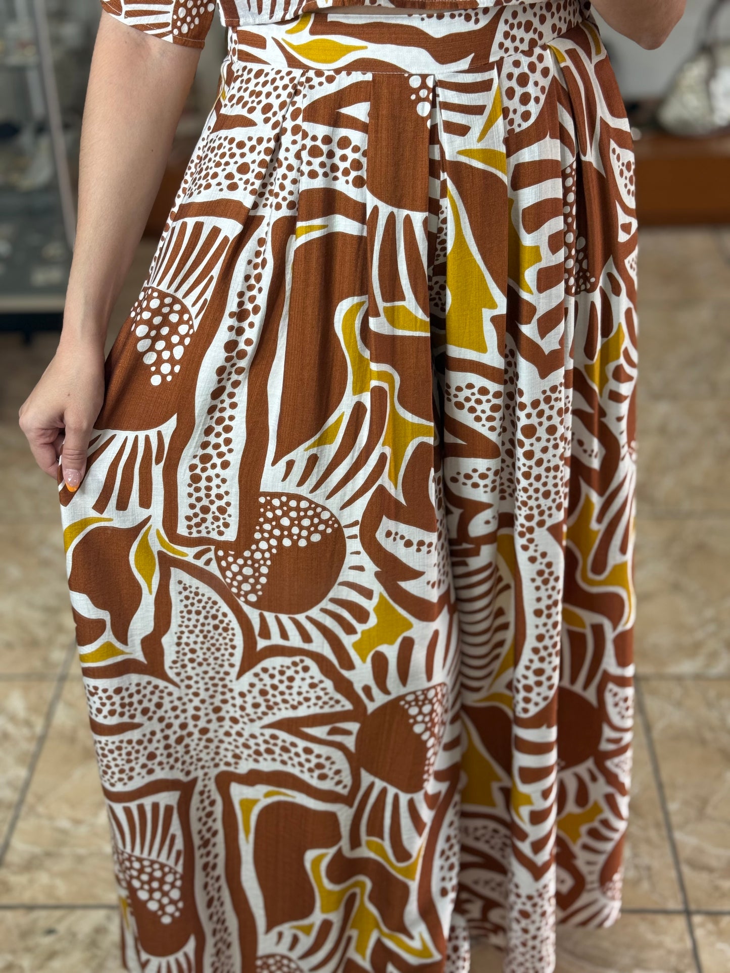 Brown Mix Crop Top and Pant Set