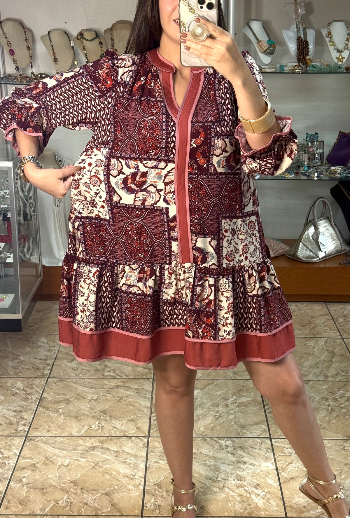 Patchwork Print Tiered Mini Dress
