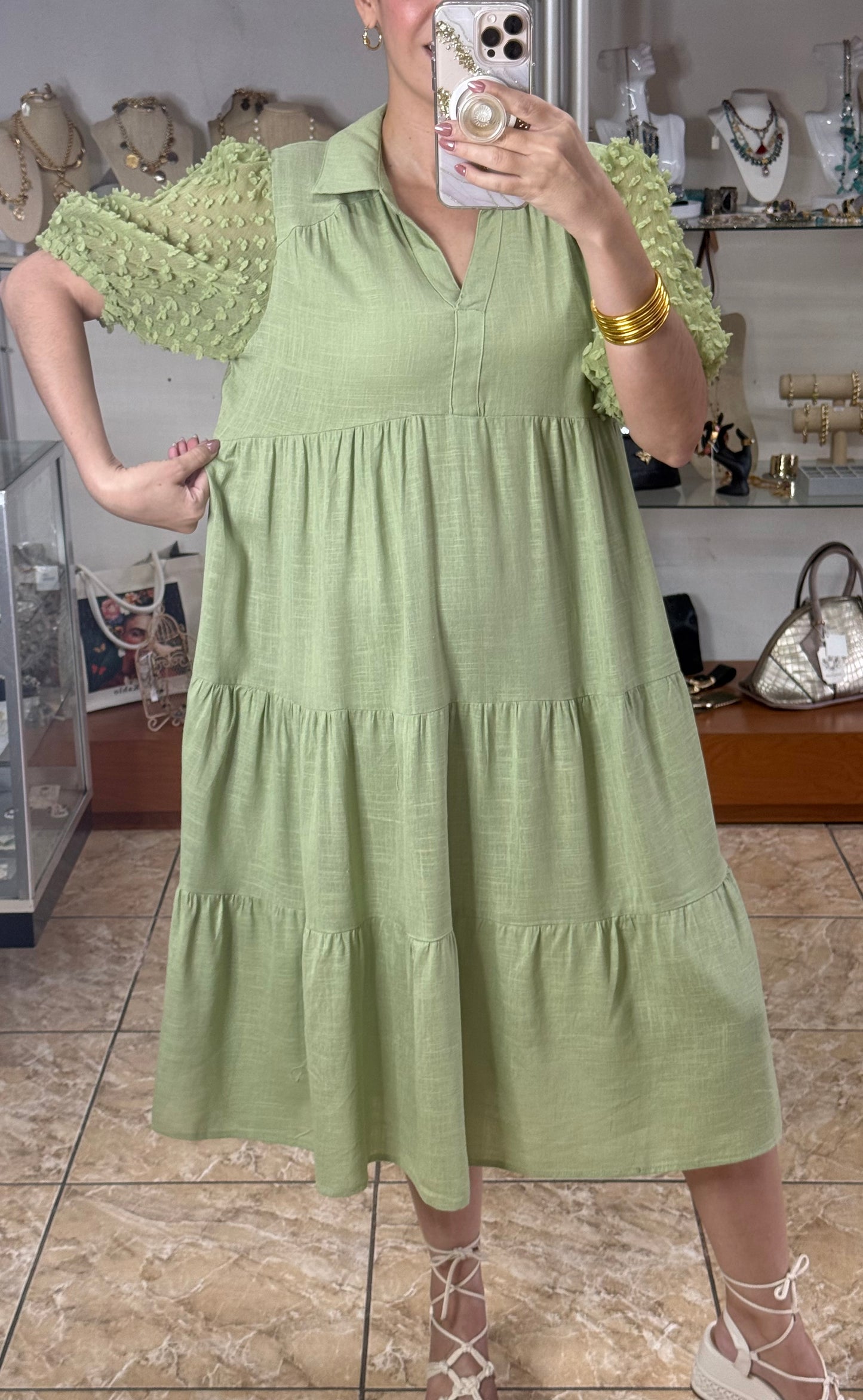 Green Linen Blend Midi Dress