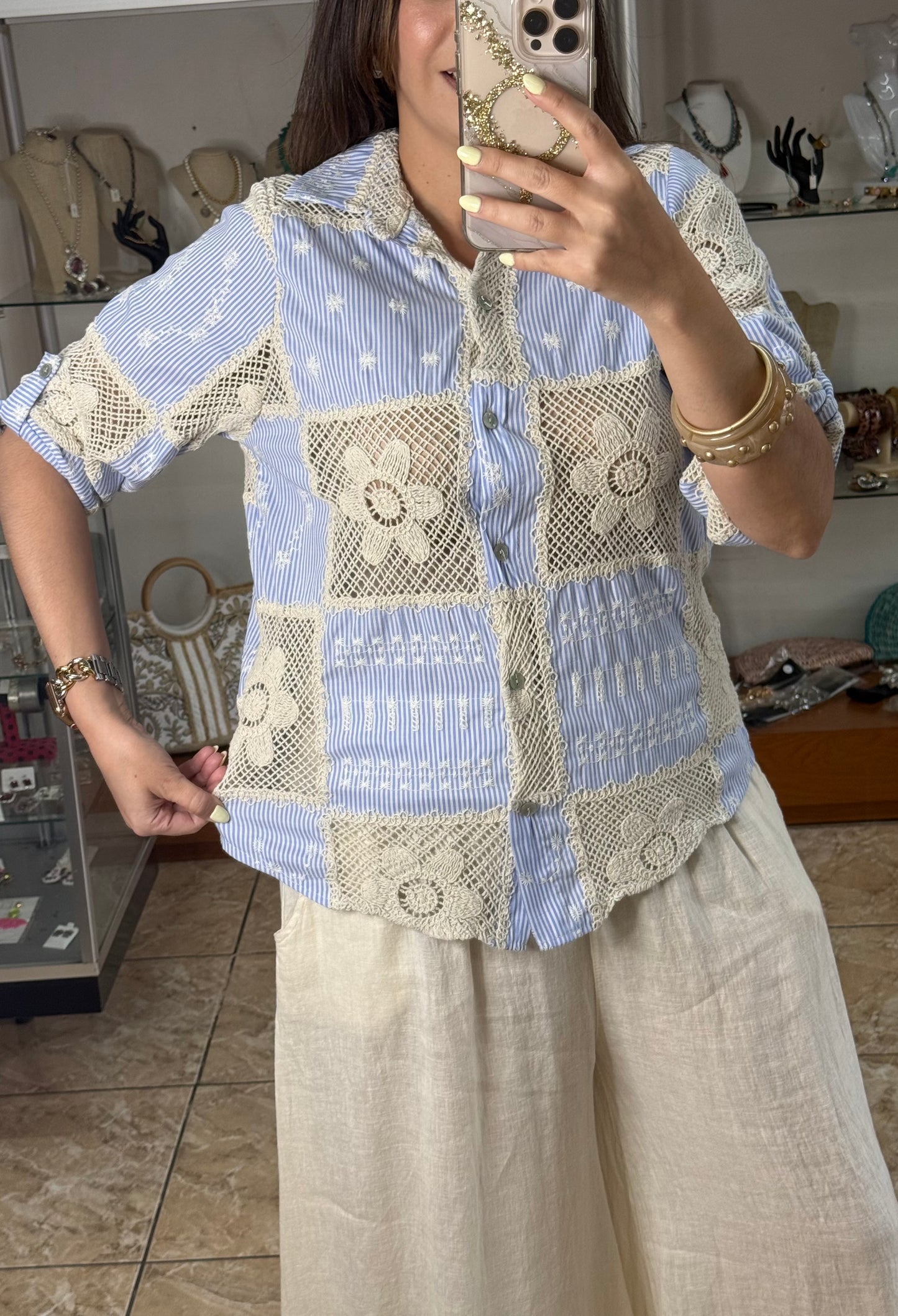 OS Striped Crochet/Embroidered Top (NO RETURNS OR EXCHANGE)