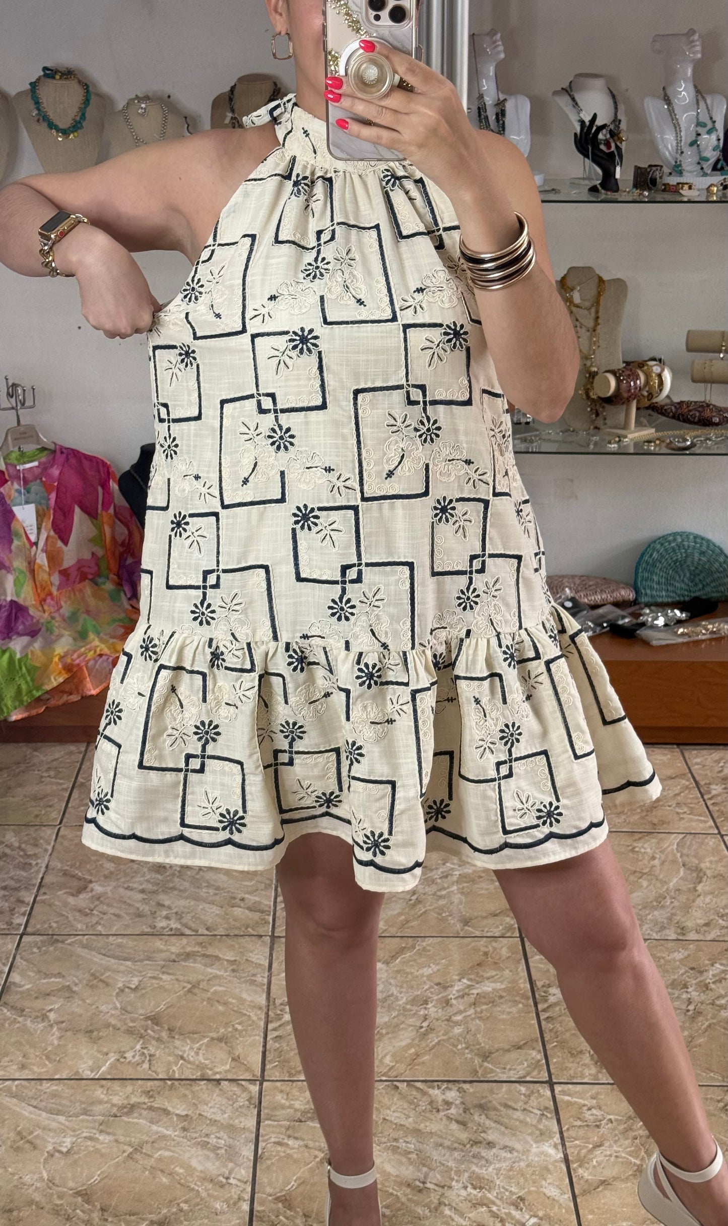 Halter Embroidered Mini Dress