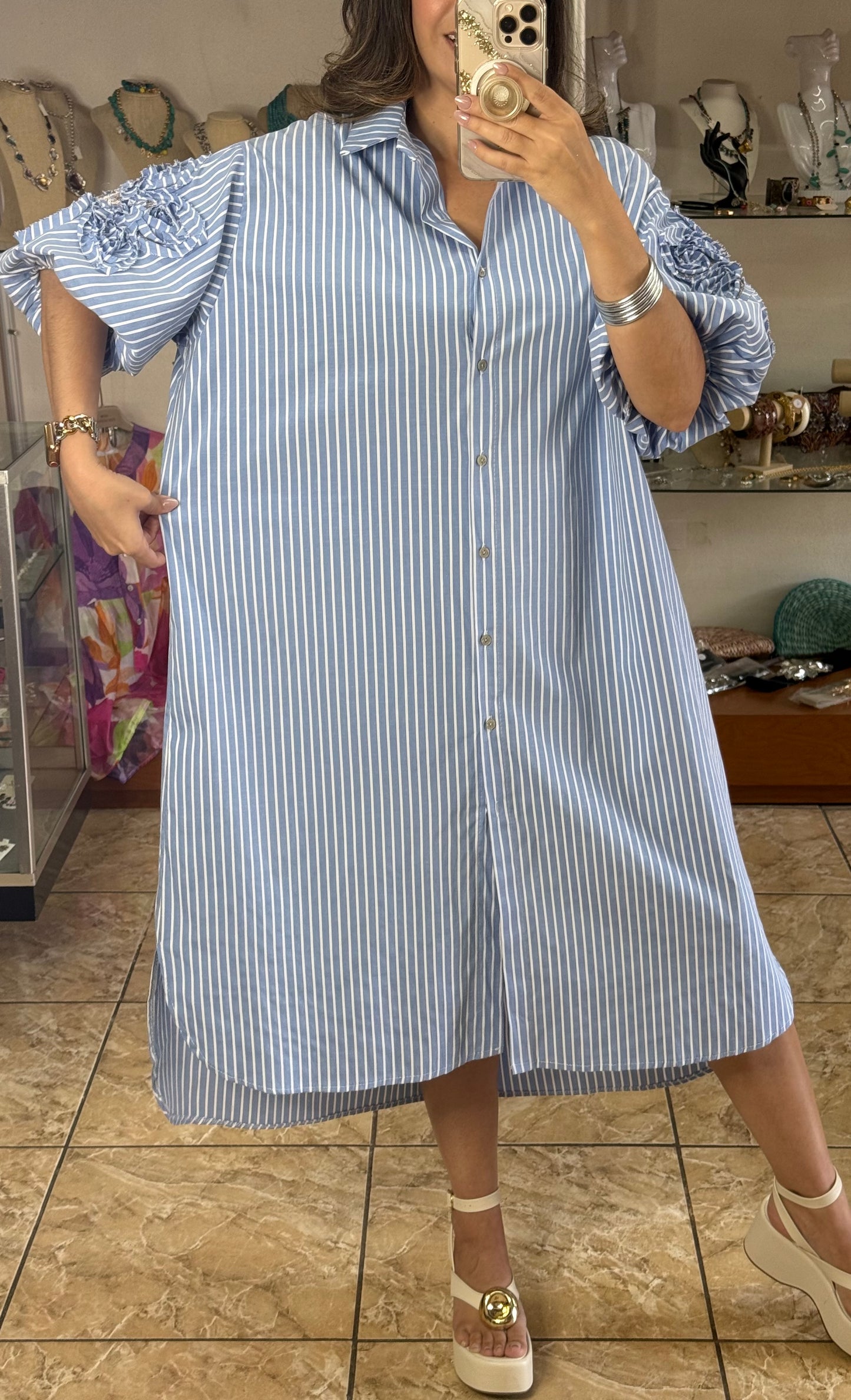 Stripes Puff Sleeves OS Midi Dress (NO RETURNS OR EXCHANGE)