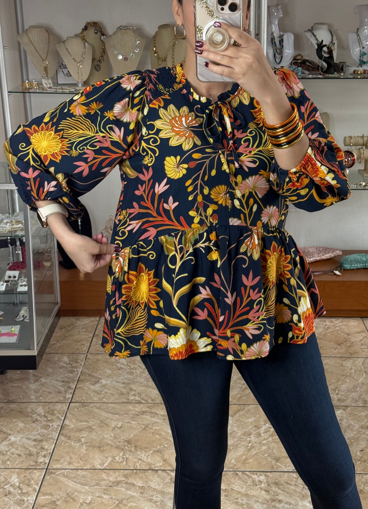 Navy/Orange Mix Floral Top