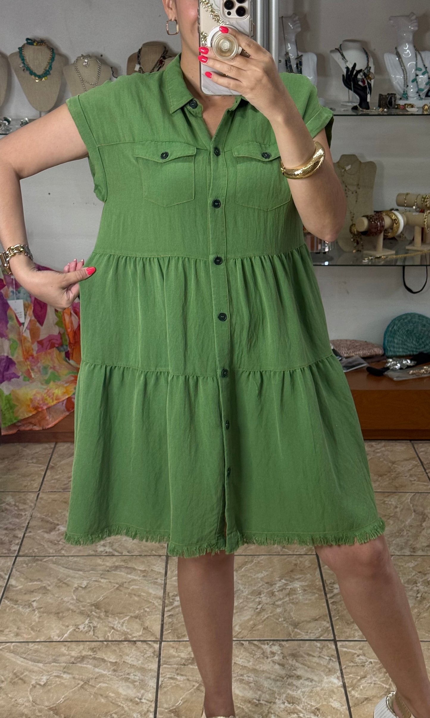 Sage Button Down Short Dress