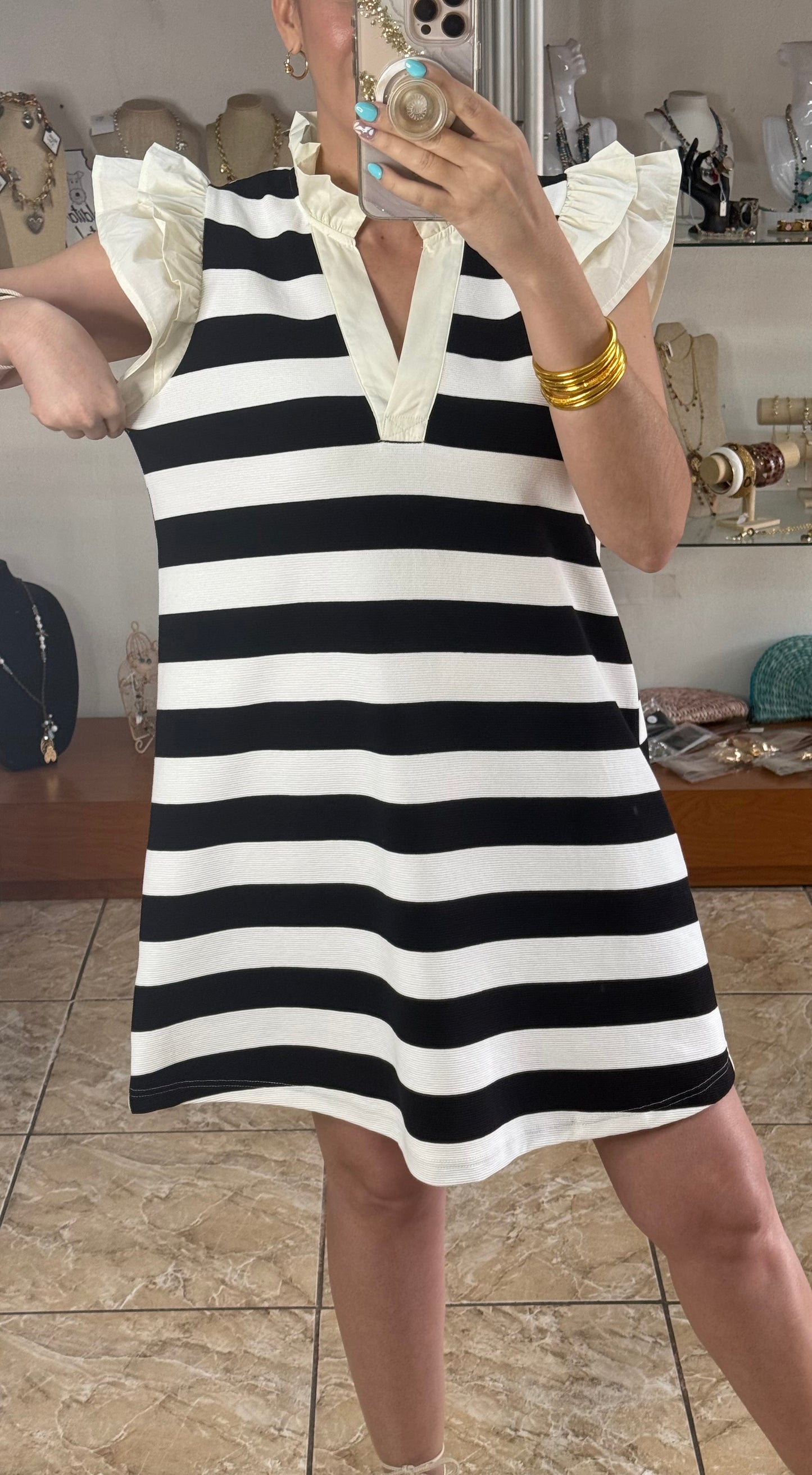 Ruffle Sleeve Black Stripes Dress