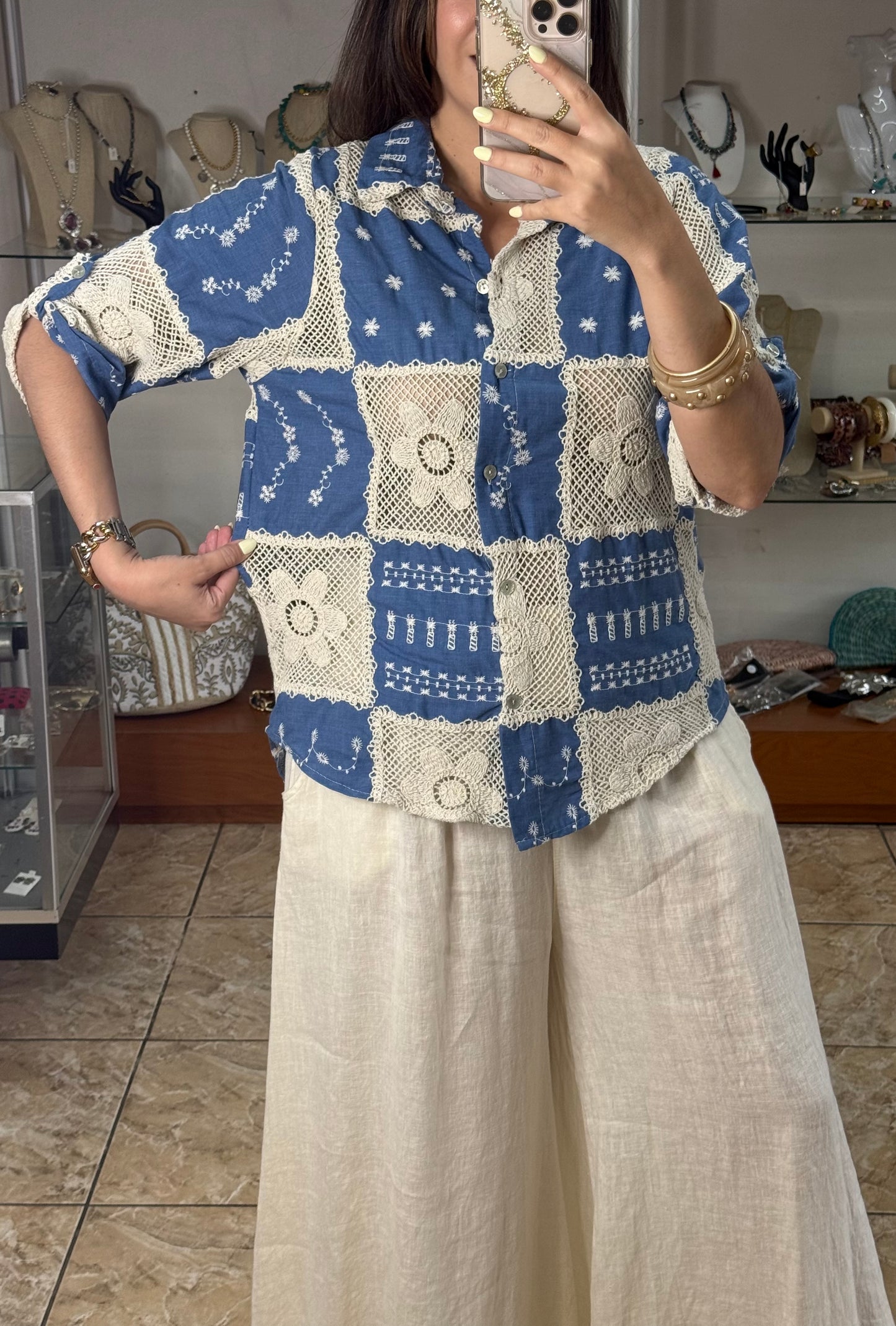 OS Blue Crochet/Embroidered Top (NO RETURNS OR EXCHANGE)