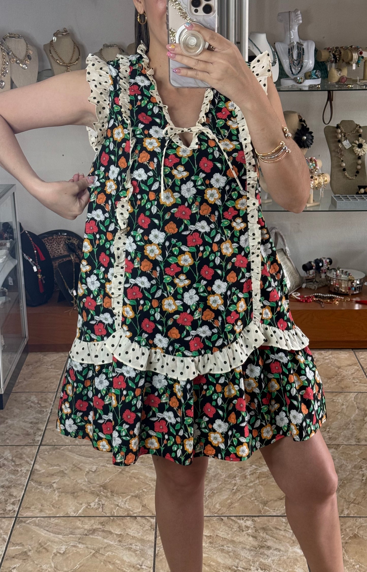 Sleeveless Polka Ruffles Floral Dress