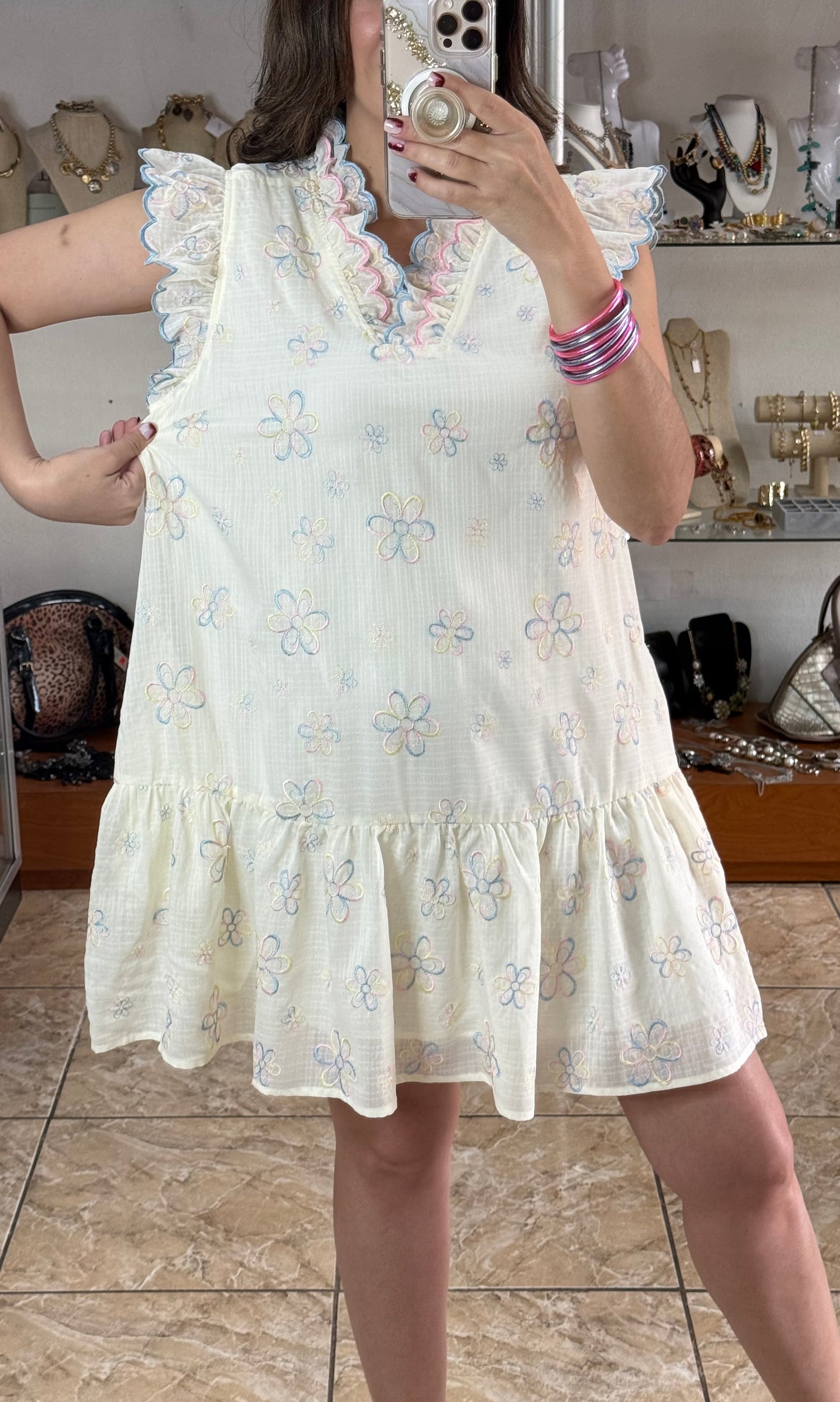 Pastel Floral Embroidered Mini Dress
